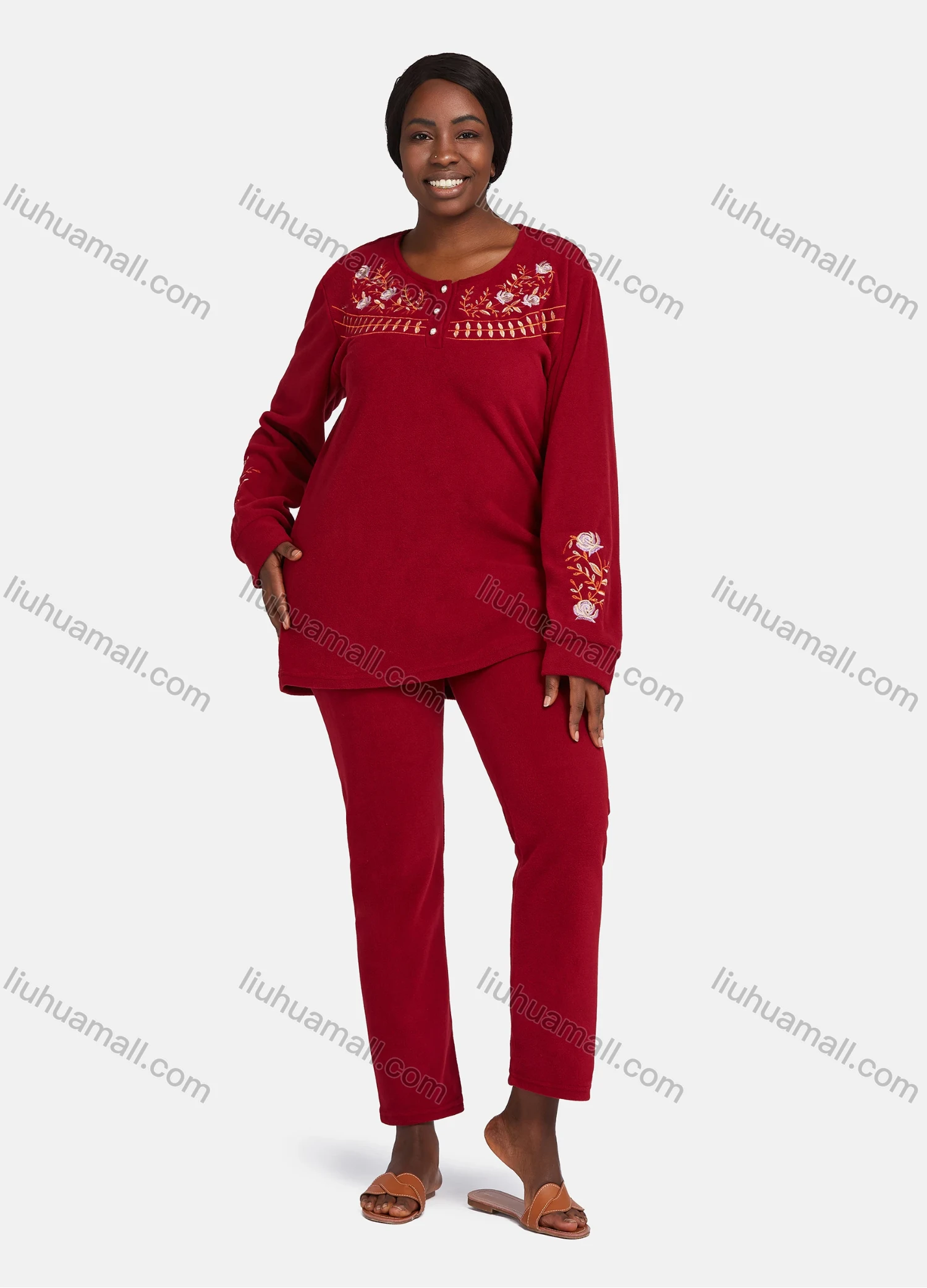 Wholesale Women's Vintage Lounge Long Sleeve Button Front Embroidery Pattern Top & Pant Pajamas Sets - Liuhuamall