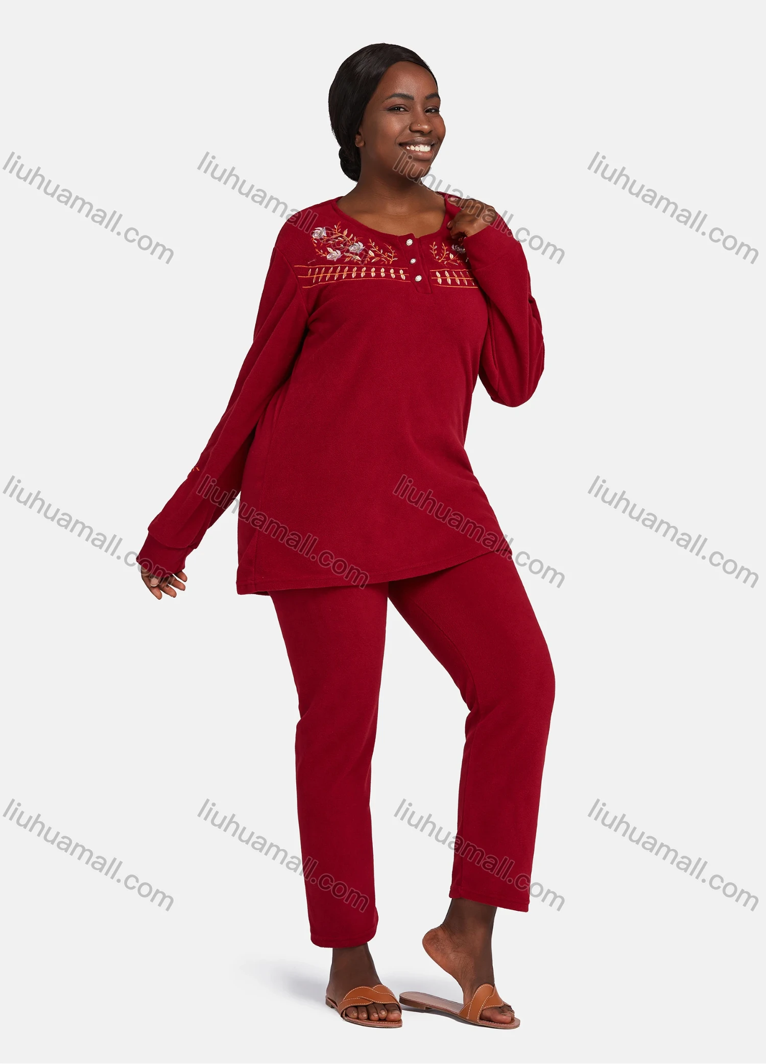 Wholesale Women's Vintage Lounge Long Sleeve Button Front Embroidery Pattern Top & Pant Pajamas Sets - Liuhuamall