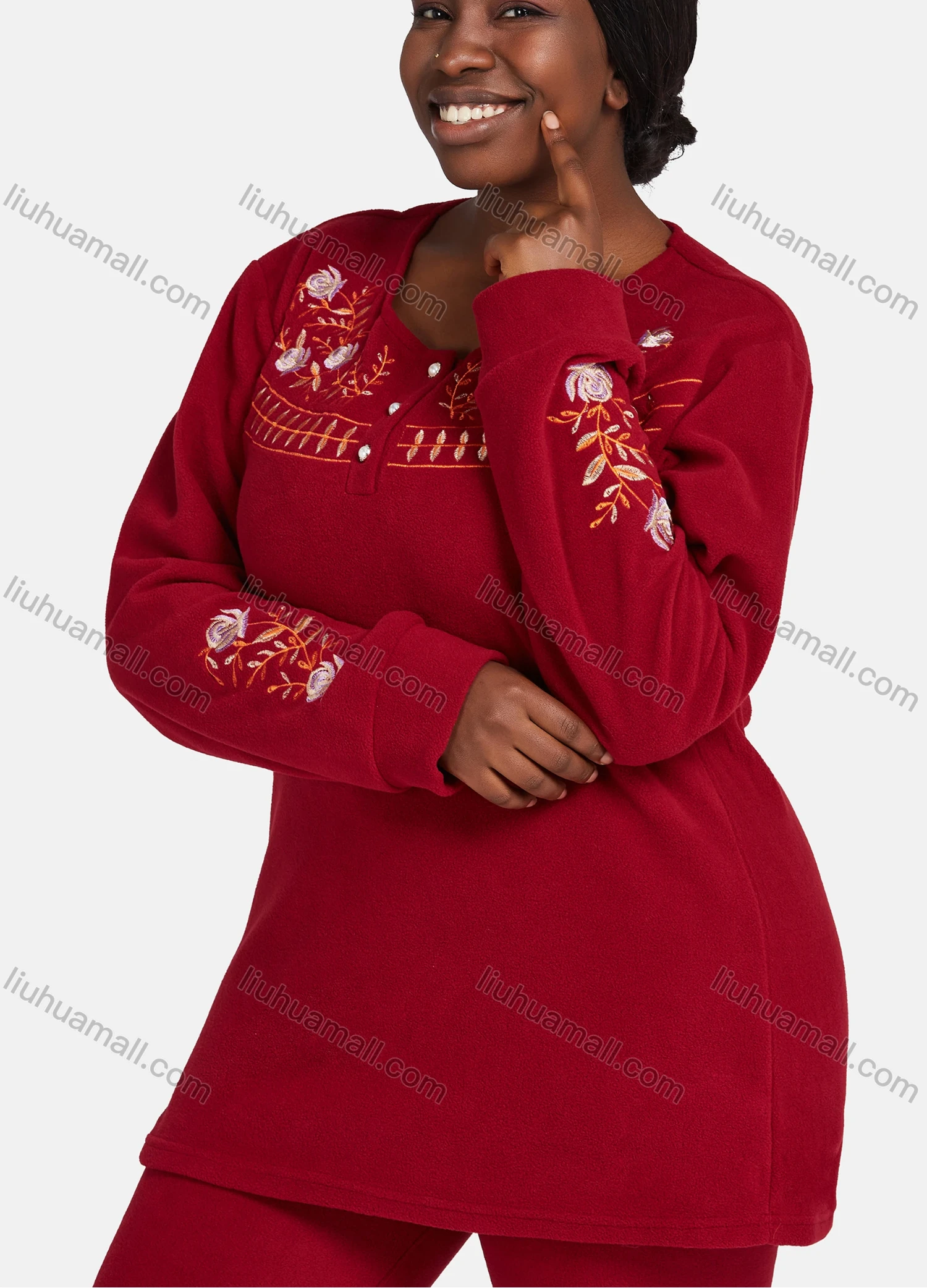 Wholesale Women's Vintage Lounge Long Sleeve Button Front Embroidery Pattern Top & Pant Pajamas Sets - Liuhuamall