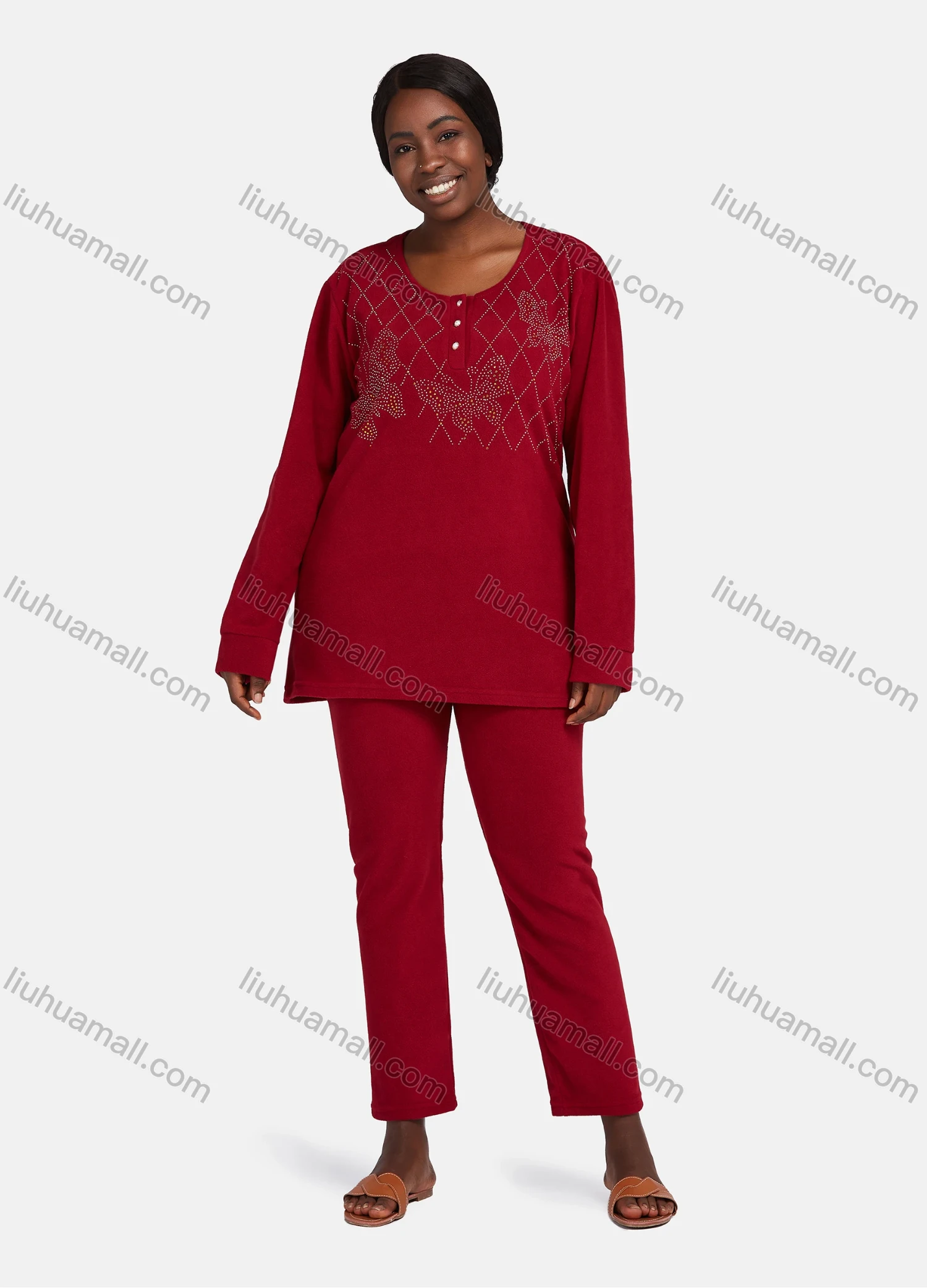 Wholesale Women's Vintage Lounge Long Sleeve Button Front Plain Rhinestone Butterfly Tops & Pants Pajamas Sets - Liuhuamall