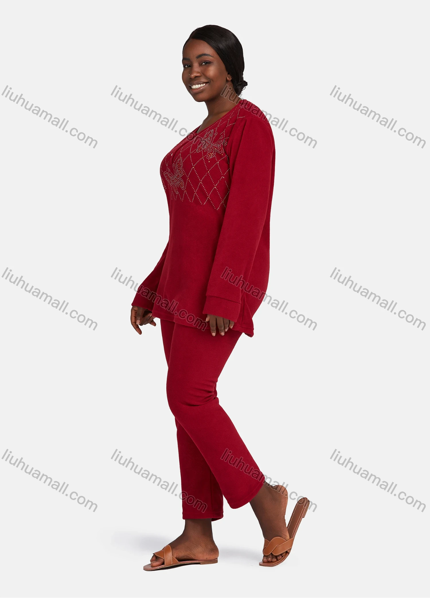 Wholesale Women's Vintage Lounge Long Sleeve Button Front Plain Rhinestone Butterfly Tops & Pants Pajamas Sets - Liuhuamall