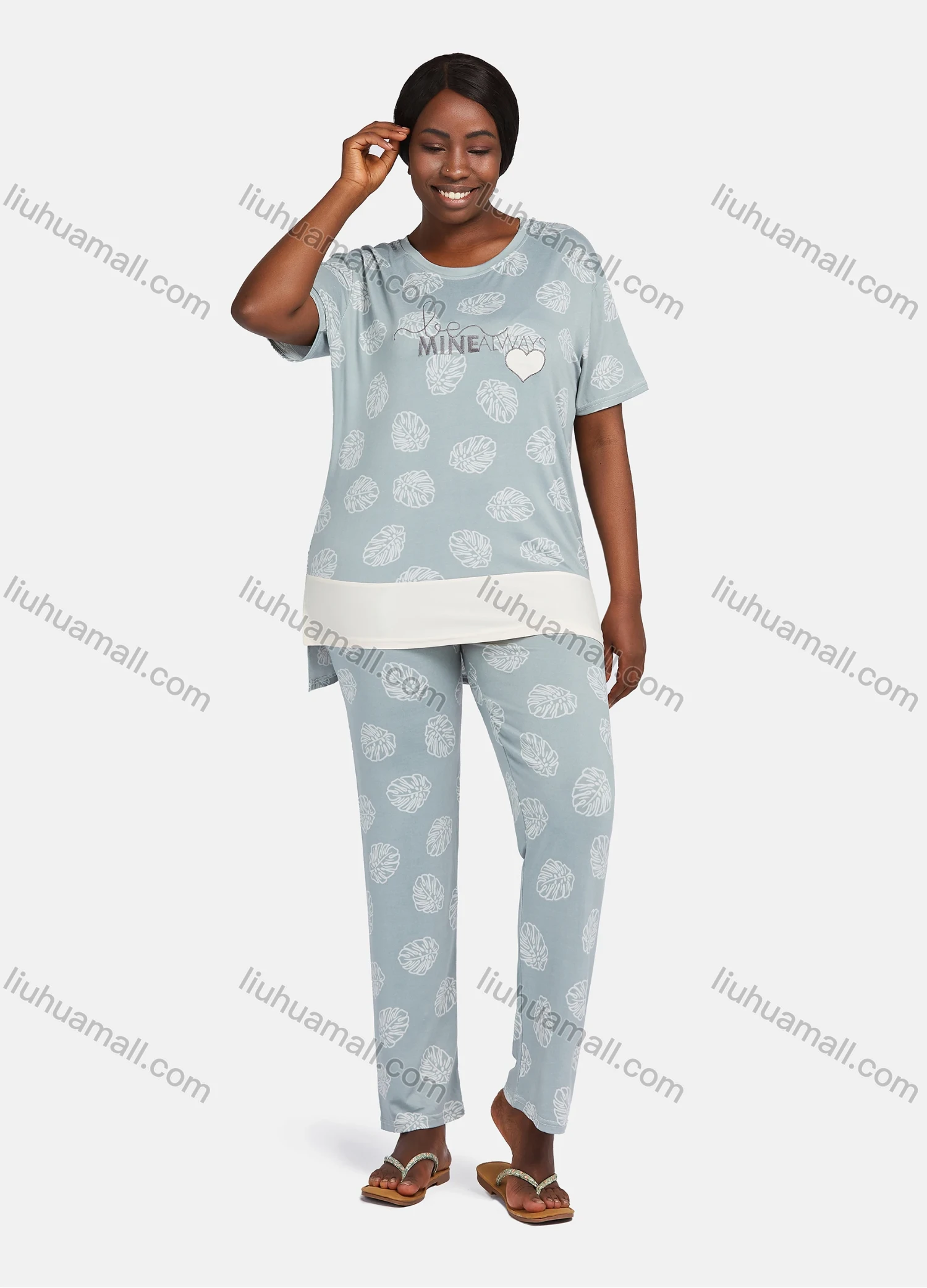Wholesale Women's Casual Lounge Short Sleeve Embroidery Letter Leaf Print High Low Hem T-shirt&Pant Pajamas Sets - Liuhuamall