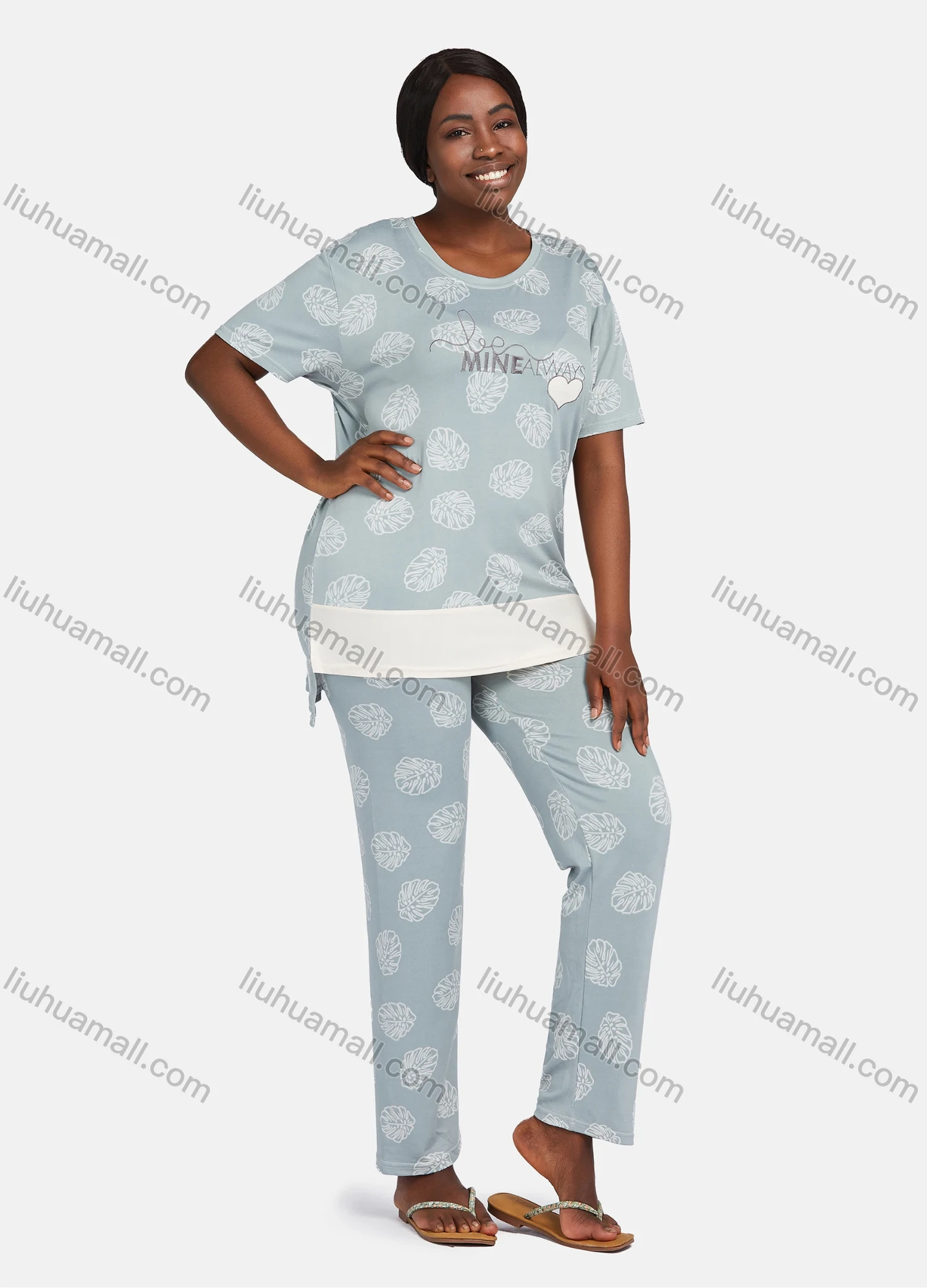 Wholesale Women's Casual Lounge Short Sleeve Embroidery Letter Leaf Print High Low Hem T-shirt&Pant Pajamas Sets - Liuhuamall