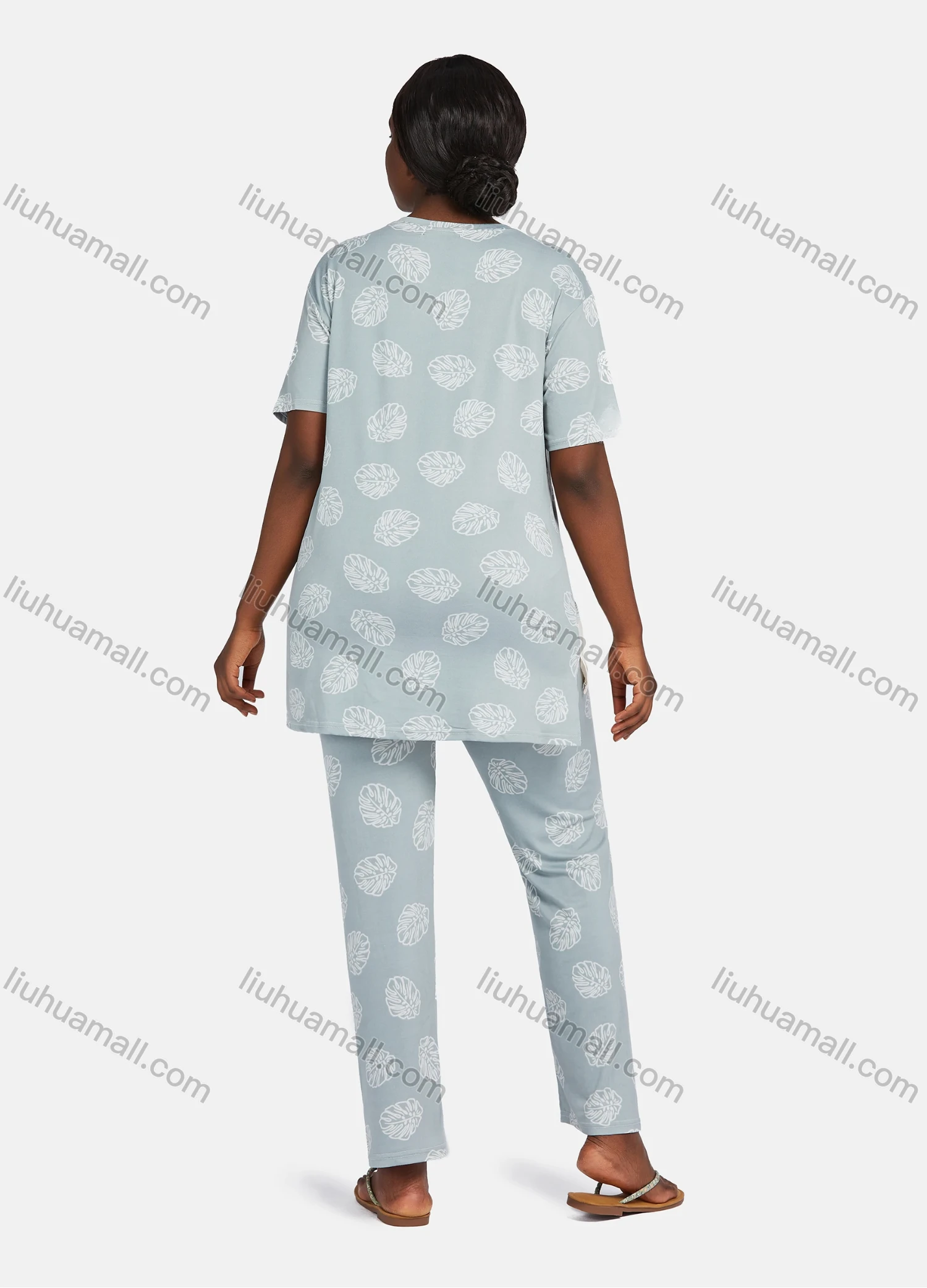 Wholesale Women's Casual Lounge Short Sleeve Embroidery Letter Leaf Print High Low Hem T-shirt&Pant Pajamas Sets - Liuhuamall