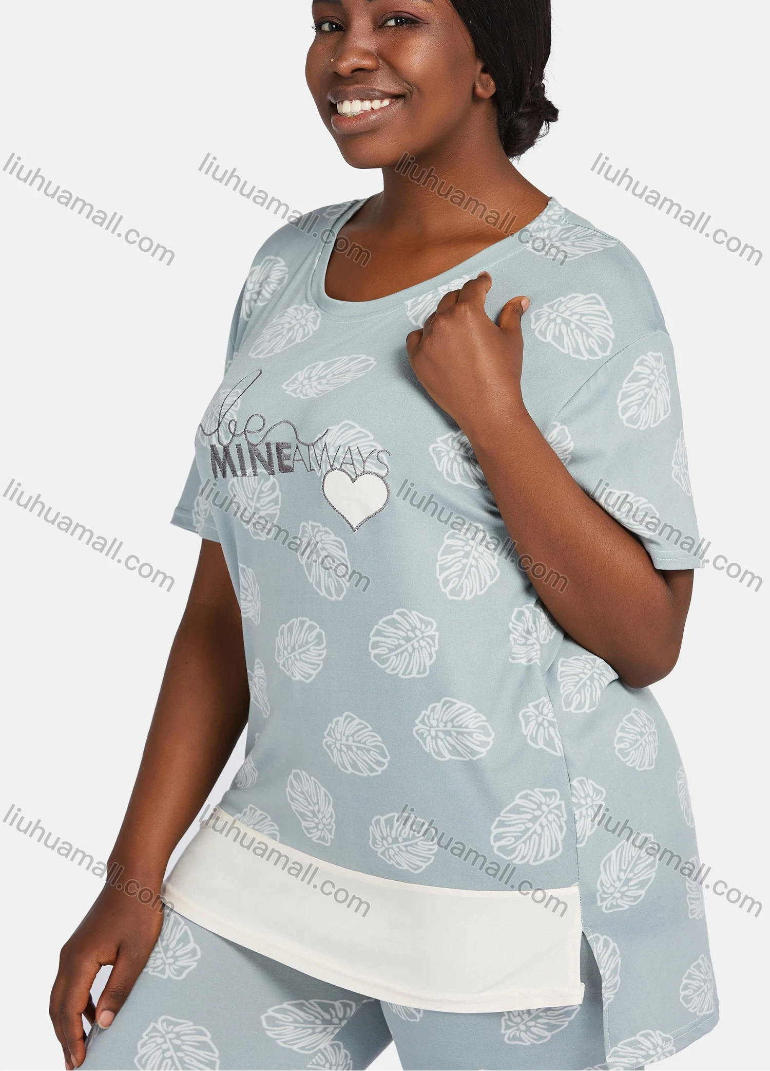 Wholesale Women's Casual Lounge Short Sleeve Embroidery Letter Leaf Print High Low Hem T-shirt&Pant Pajamas Sets - Liuhuamall