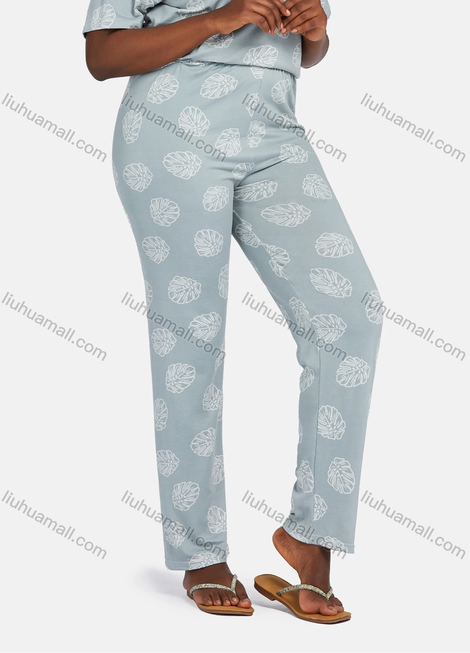 Wholesale Women's Casual Lounge Short Sleeve Embroidery Letter Leaf Print High Low Hem T-shirt&Pant Pajamas Sets - Liuhuamall