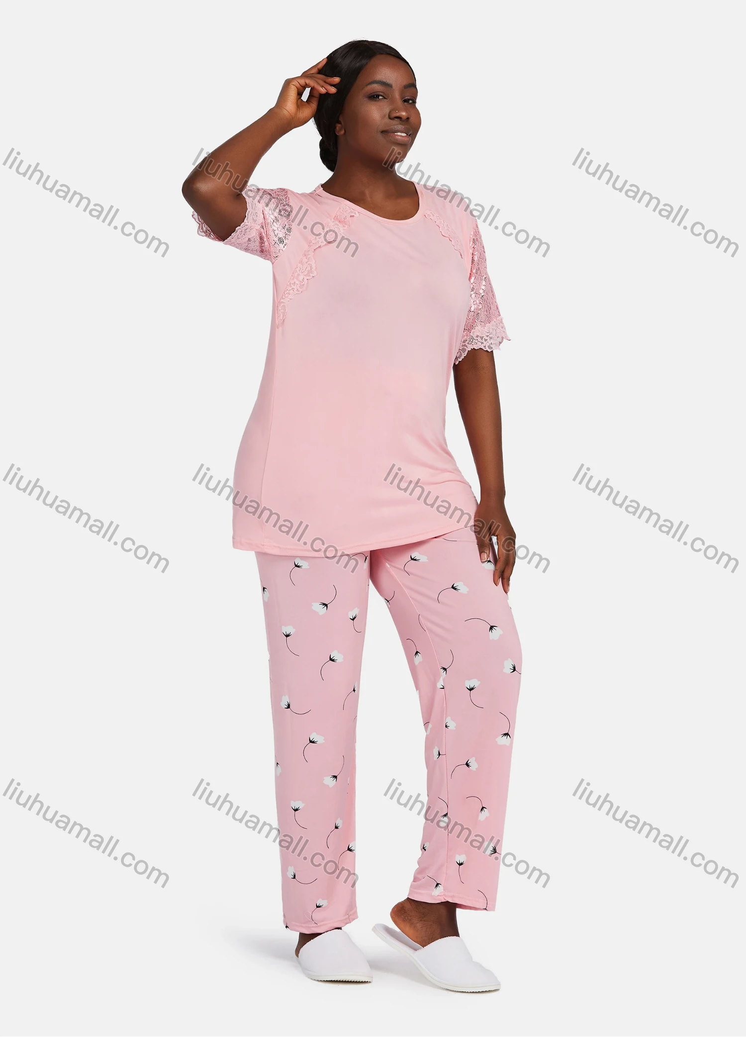 Wholesale Women's Casual Lounge Floral Short Sleeve Lace Trim Plain T-shirt & Pant Pajamas Sets - Liuhuamall