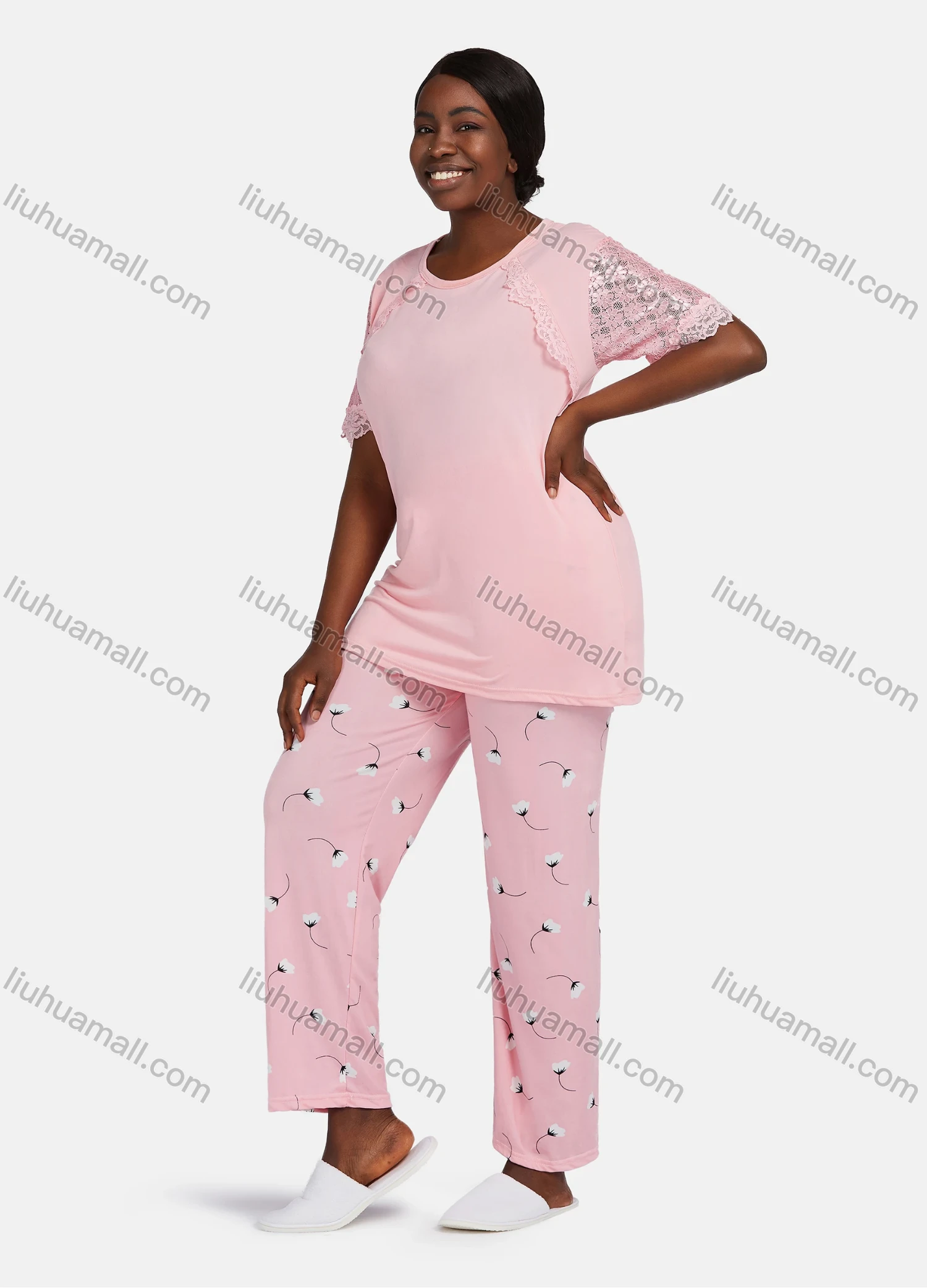 Wholesale Women's Casual Lounge Floral Short Sleeve Lace Trim Plain T-shirt & Pant Pajamas Sets - Liuhuamall