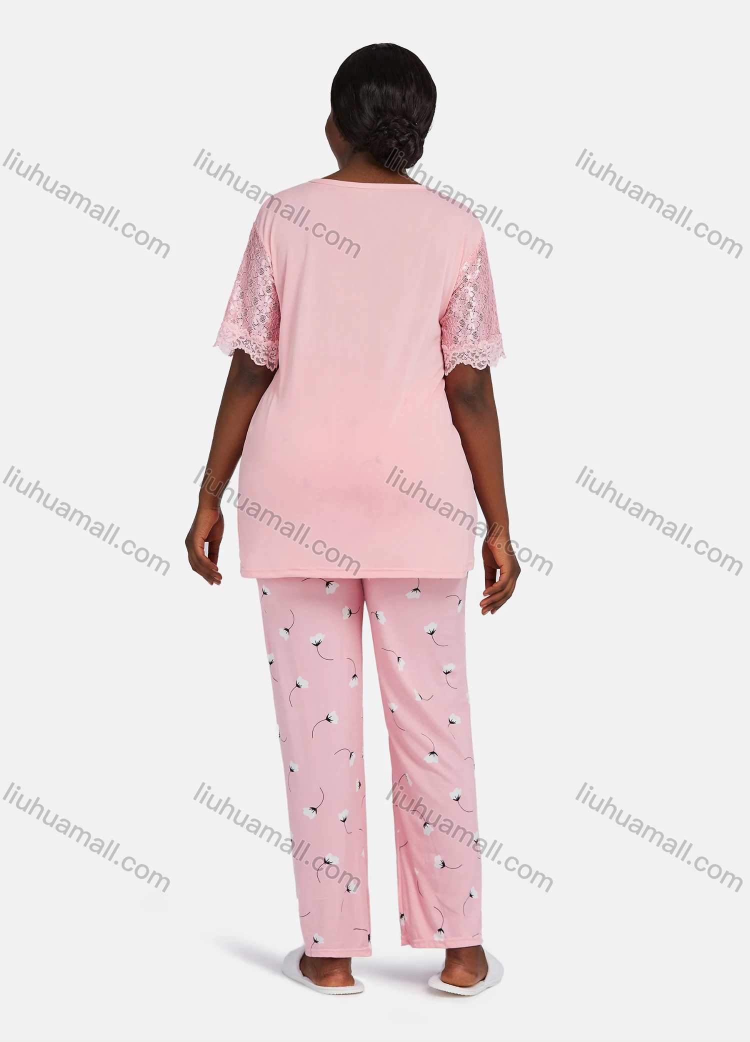 Wholesale Women's Casual Lounge Floral Short Sleeve Lace Trim Plain T-shirt & Pant Pajamas Sets - Liuhuamall
