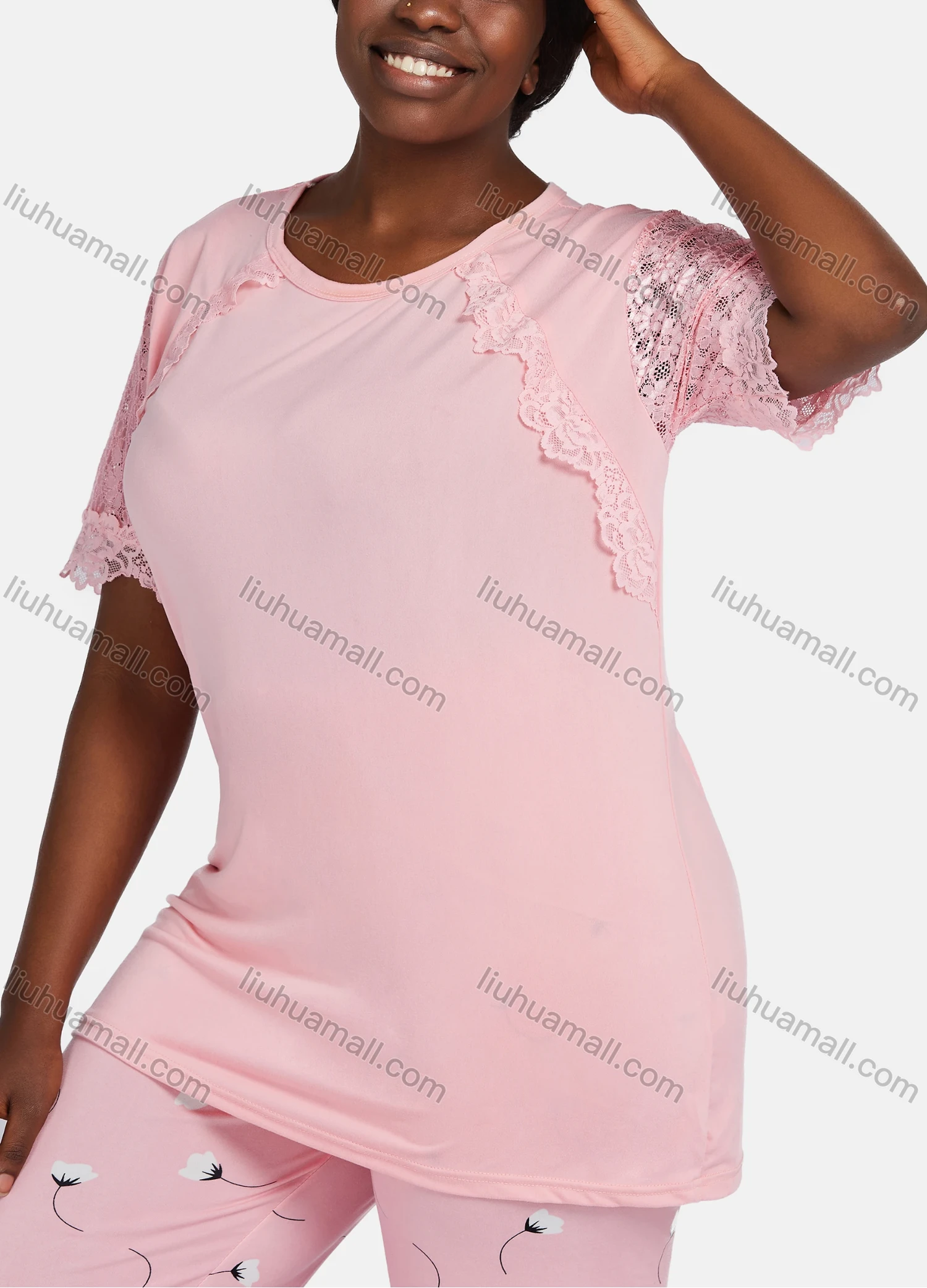 Wholesale Women's Casual Lounge Floral Short Sleeve Lace Trim Plain T-shirt & Pant Pajamas Sets - Liuhuamall