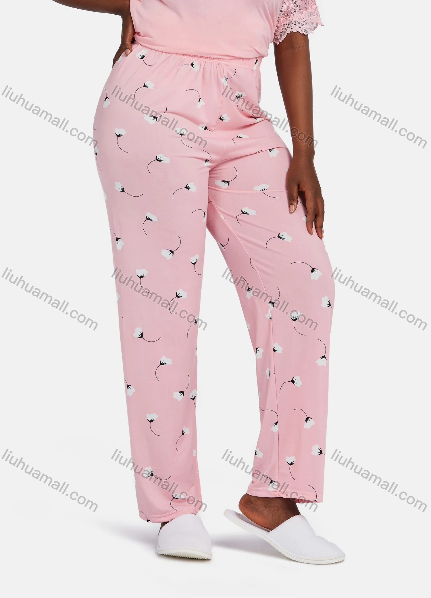 Wholesale Women's Casual Lounge Floral Short Sleeve Lace Trim Plain T-shirt & Pant Pajamas Sets - Liuhuamall