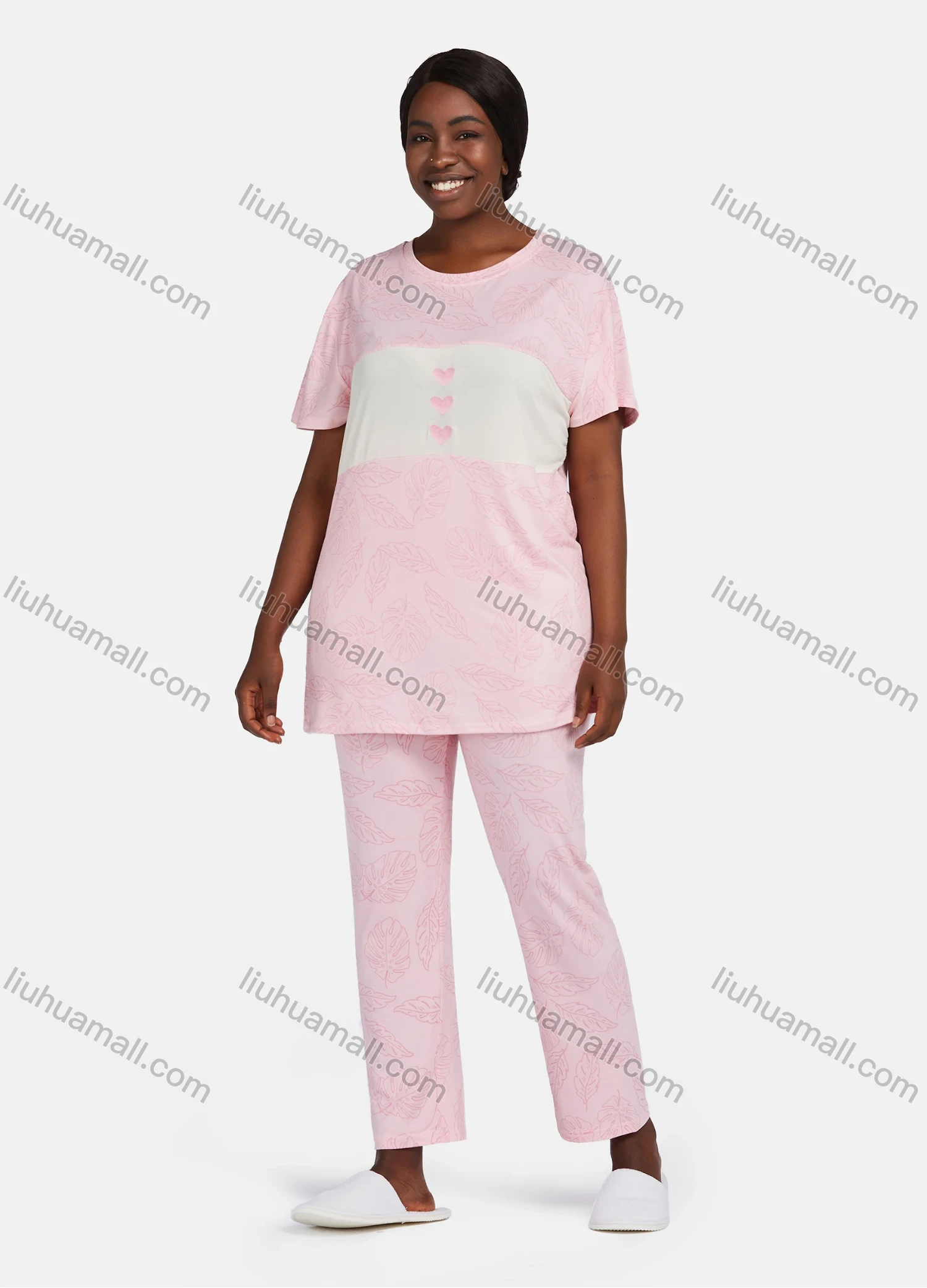 Wholesale Women's Casual Lounge Short Sleeve Leaf Heart Print Splicing Colorblock T-shirt & Pant Pajamas Sets - Liuhuamall