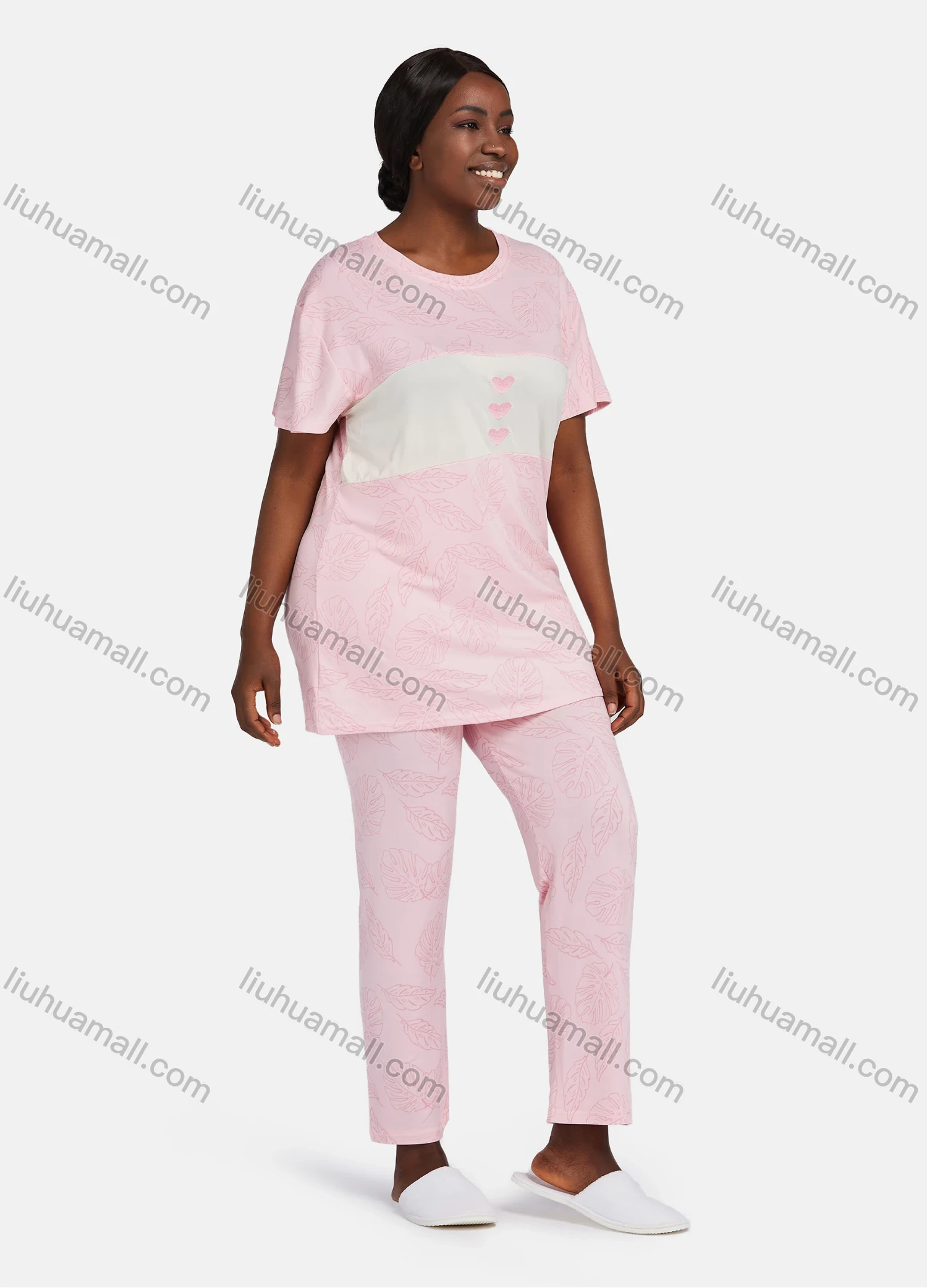 Wholesale Women's Casual Lounge Short Sleeve Leaf Heart Print Splicing Colorblock T-shirt & Pant Pajamas Sets - Liuhuamall