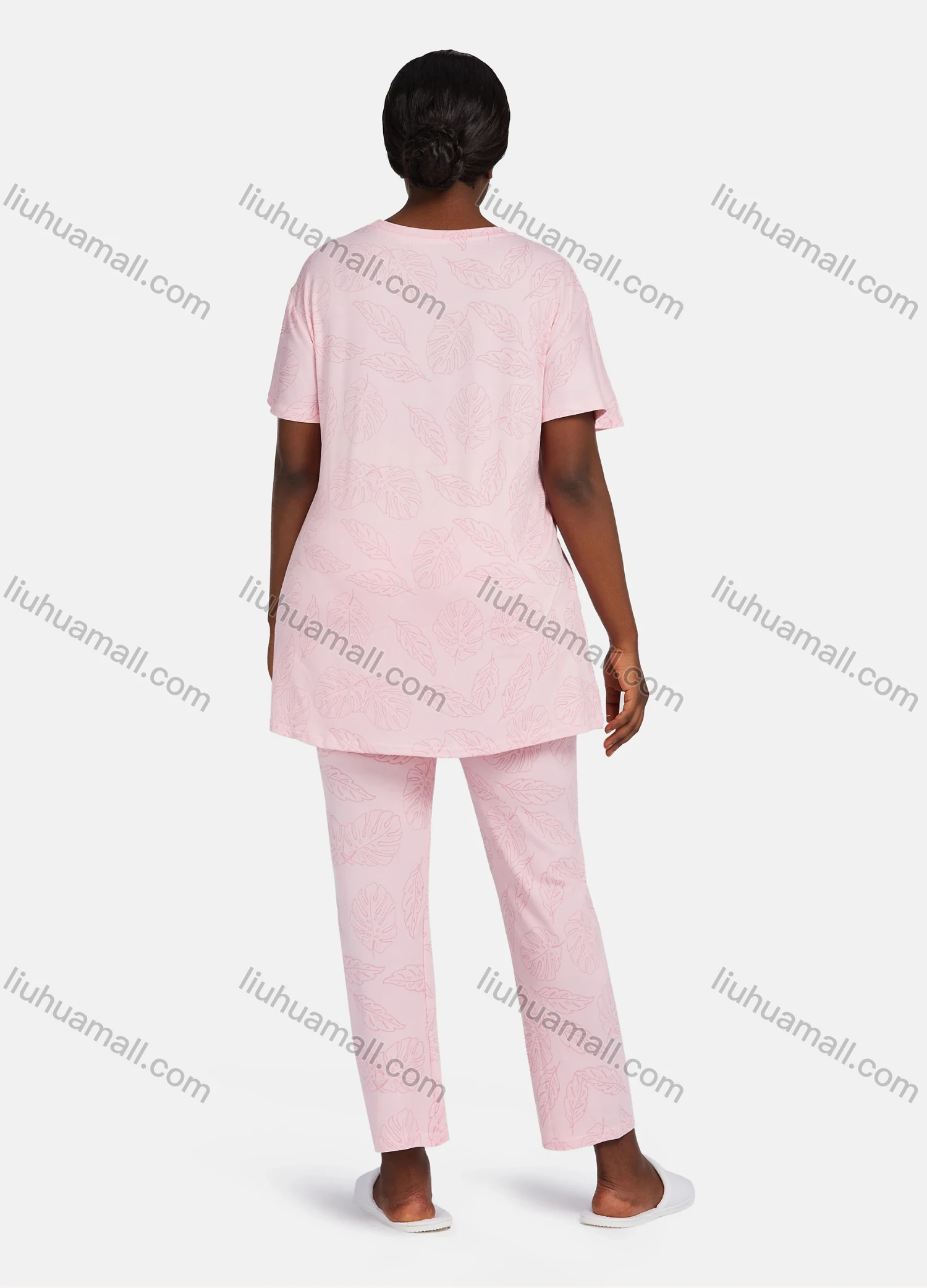 Wholesale Women's Casual Lounge Short Sleeve Leaf Heart Print Splicing Colorblock T-shirt & Pant Pajamas Sets - Liuhuamall