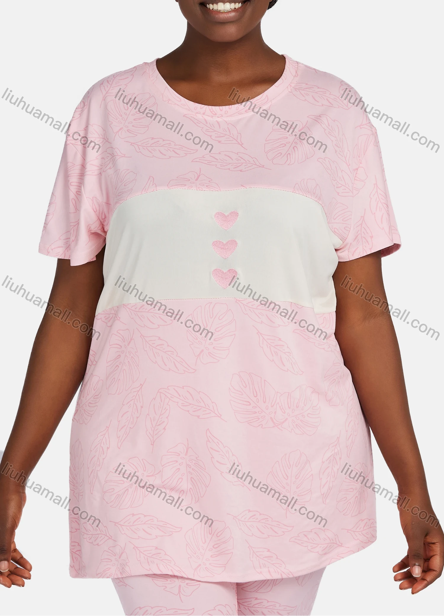 Wholesale Women's Casual Lounge Short Sleeve Leaf Heart Print Splicing Colorblock T-shirt & Pant Pajamas Sets - Liuhuamall