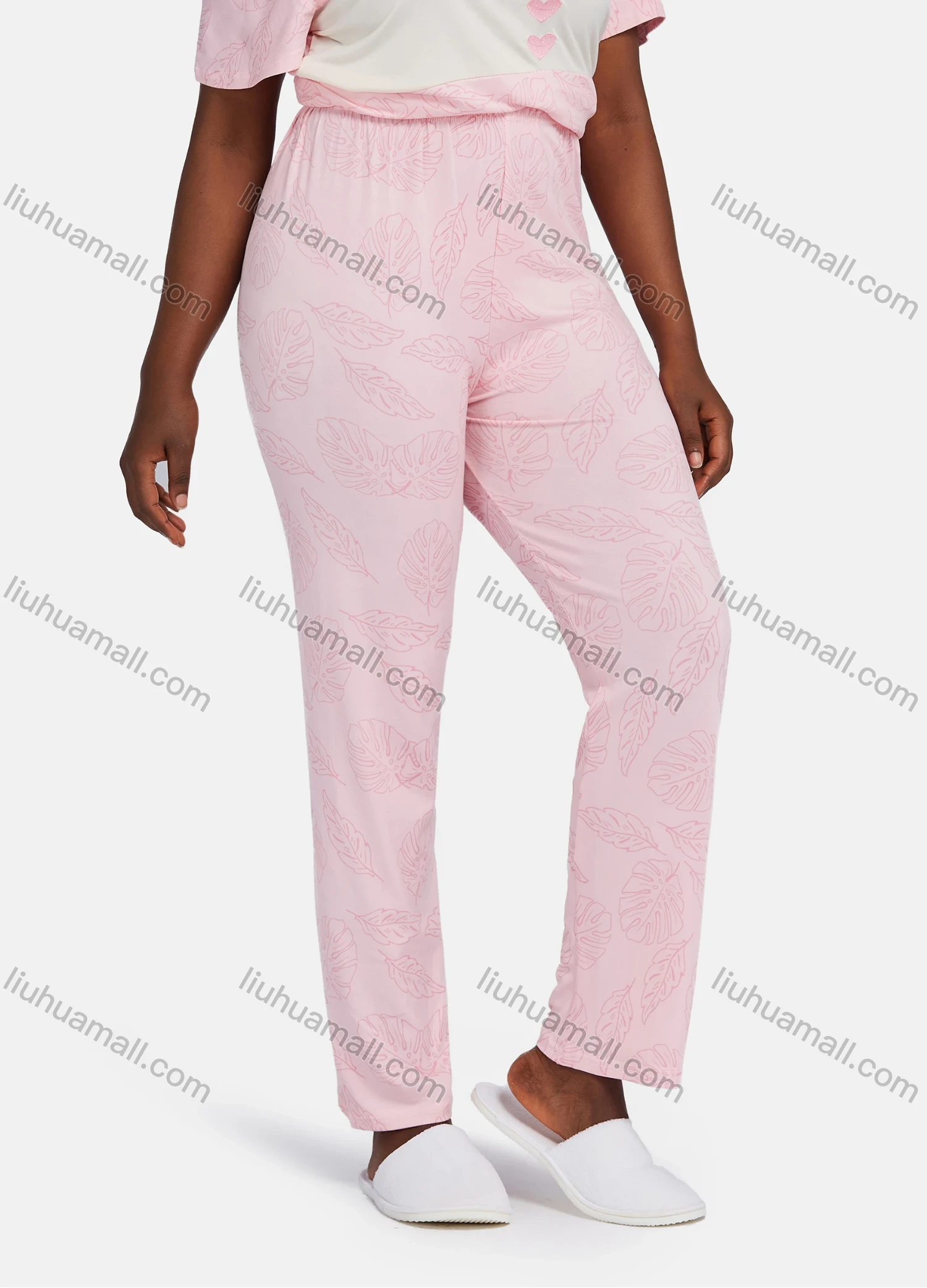 Wholesale Women's Casual Lounge Short Sleeve Leaf Heart Print Splicing Colorblock T-shirt & Pant Pajamas Sets - Liuhuamall