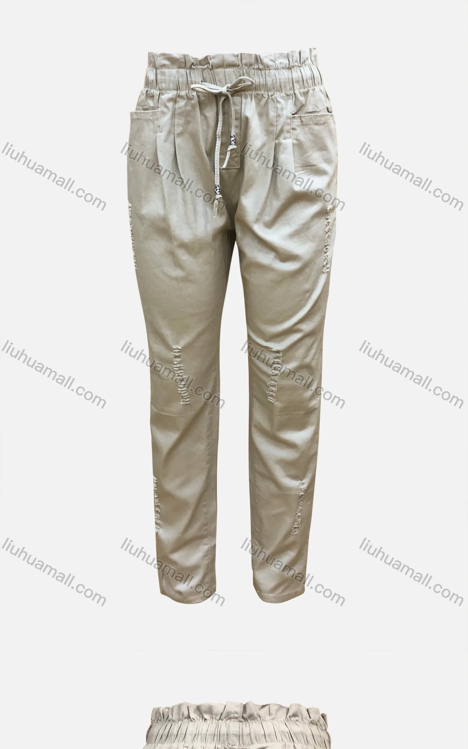 Wholesale Women's Ruffle Trim Drawstring Ripped Pockets Plain Casual Pants M2693# - Liuhuamall