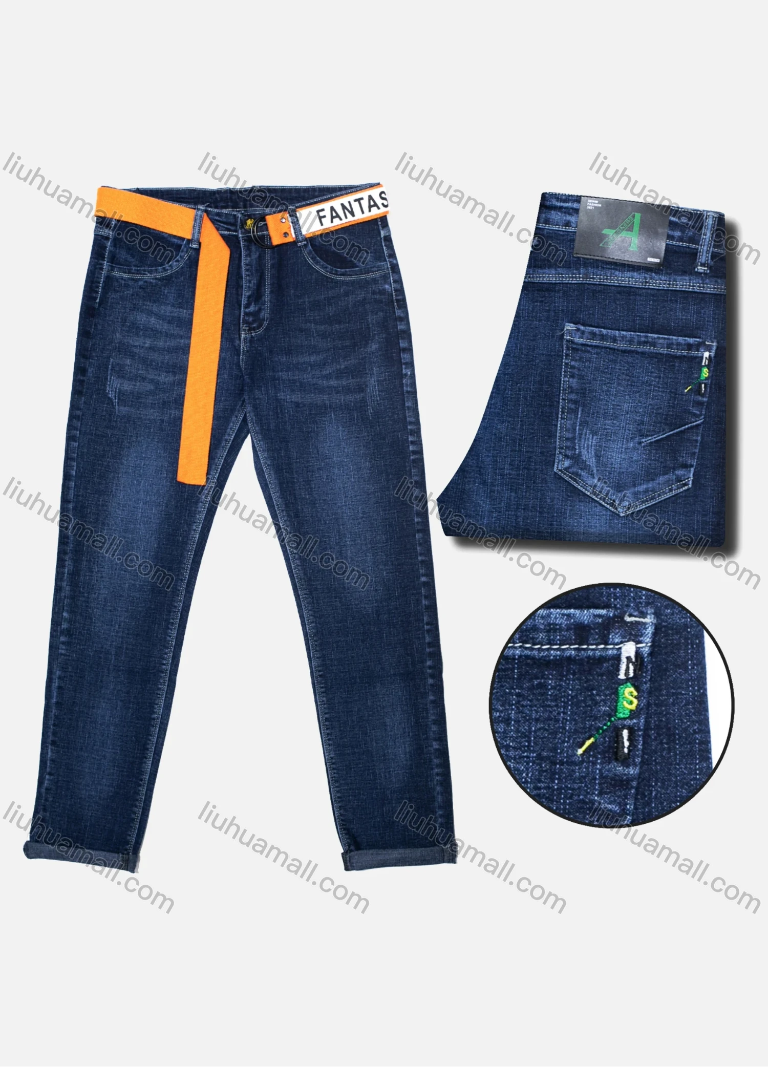 Wholesale Men's Casual Distressed Belted Button Pockets Labelled Embroidered Roll Up Hem Jean - Liuhuamall