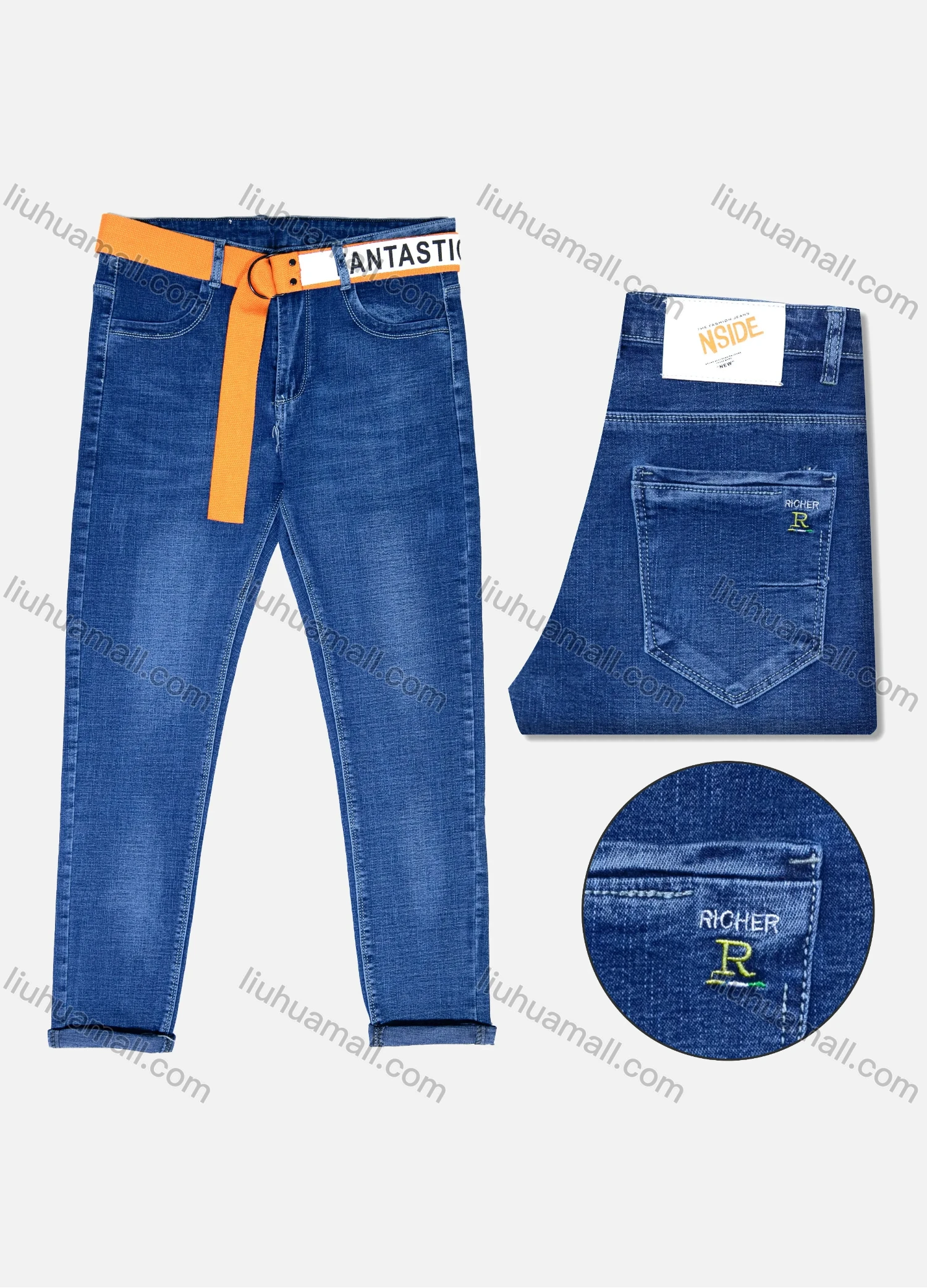 Wholesale Men's Casual Distressed Belted Button Pockets Embroidered Roll Up Hem Plain Jean - Liuhuamall