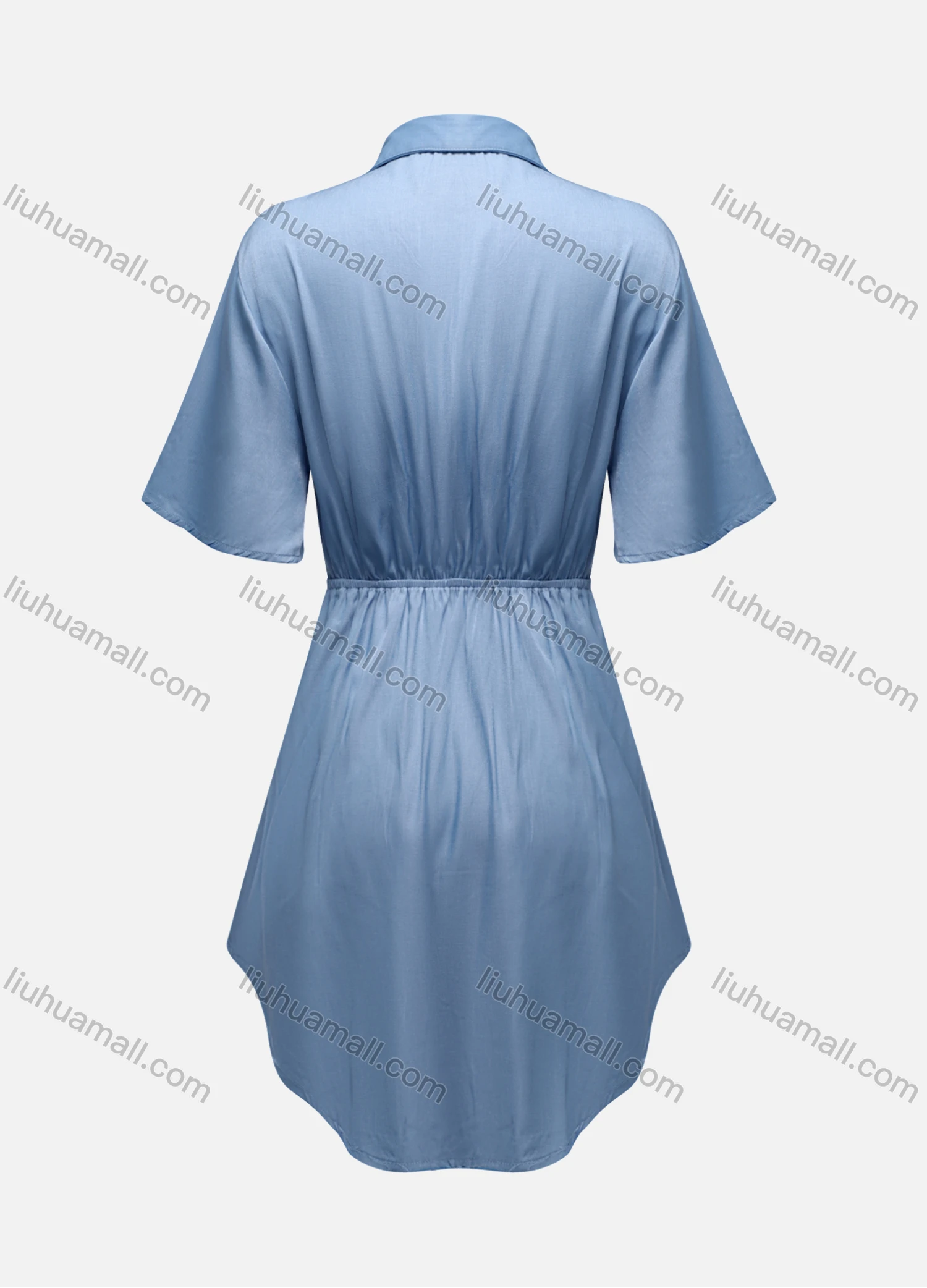Wholesale Women's V Neck Short Sleeve Dual Pockets Button Front Curved Hem Drawstring Short Shirt Dress - Liuhuamall