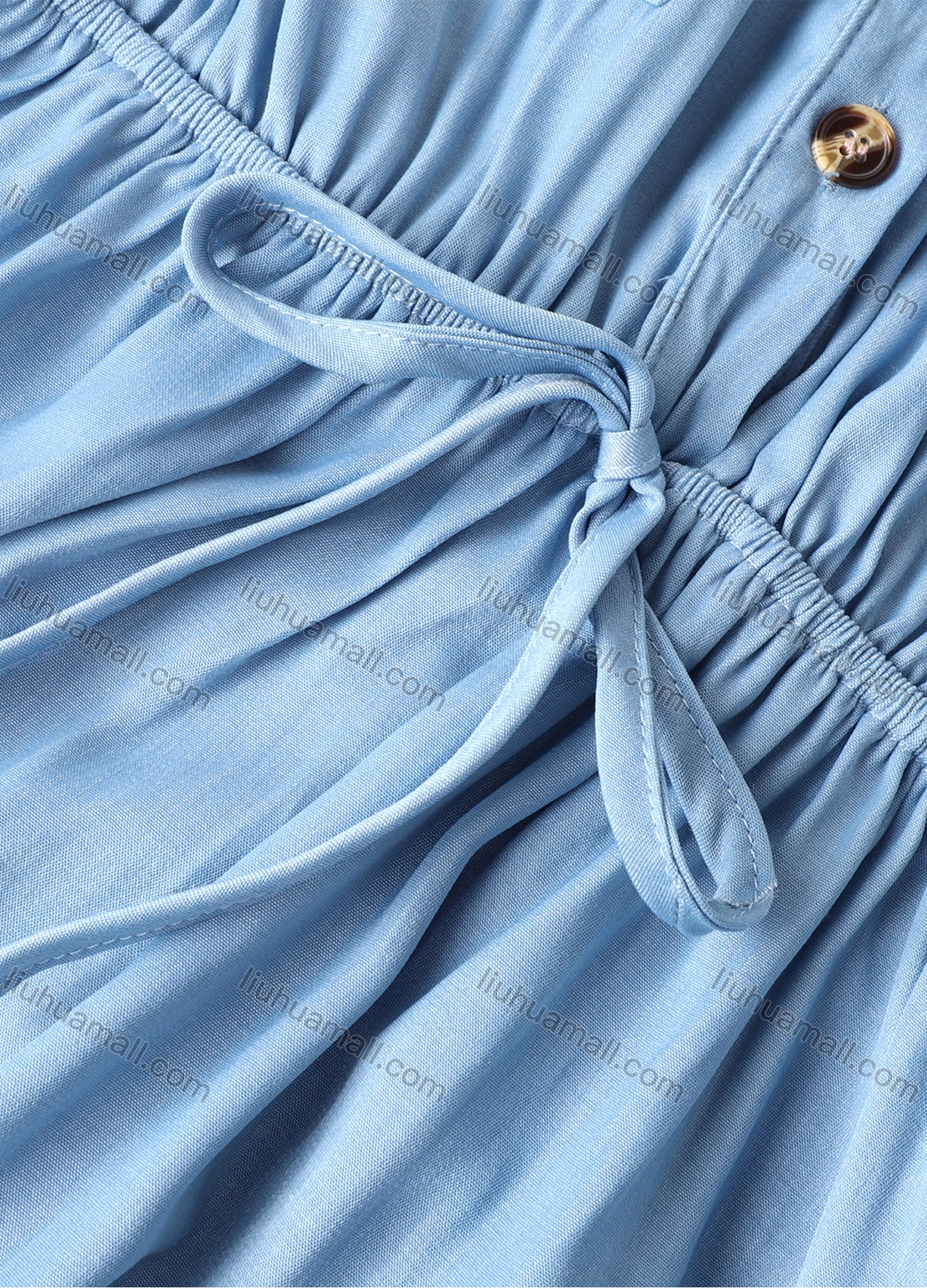 Wholesale Women's V Neck Short Sleeve Dual Pockets Button Front Curved Hem Drawstring Short Shirt Dress - Liuhuamall