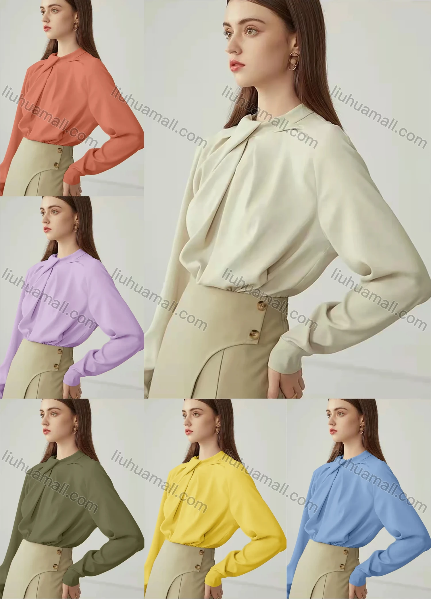 Wholesale Women's Elegant Long Sleeve Crew Neck Ruched Plain Blouse - Liuhuamall