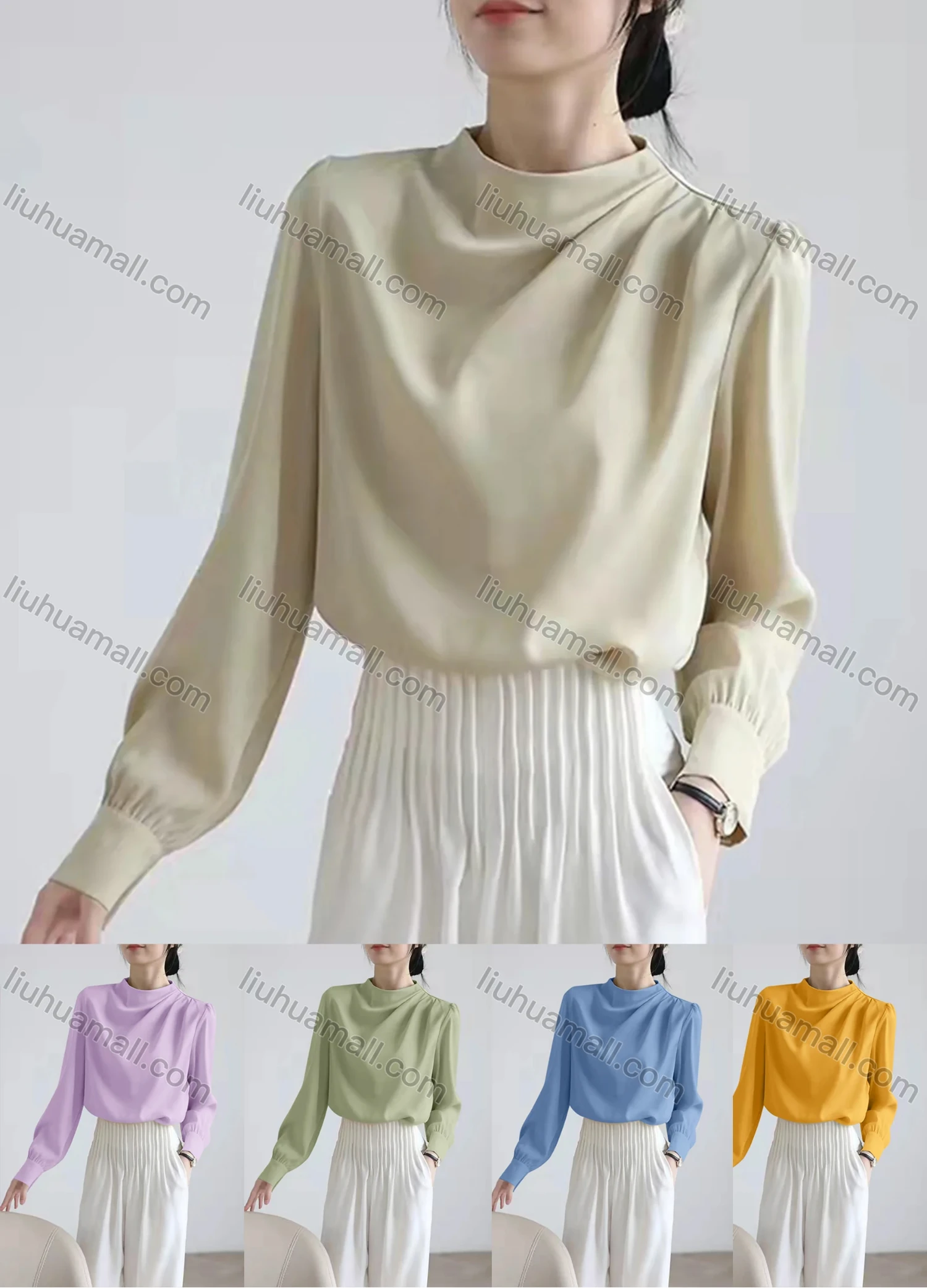 Wholesale Women's Casual Mock Neck Bishop Sleeve Ruched Plain Blouse - Liuhuamall
