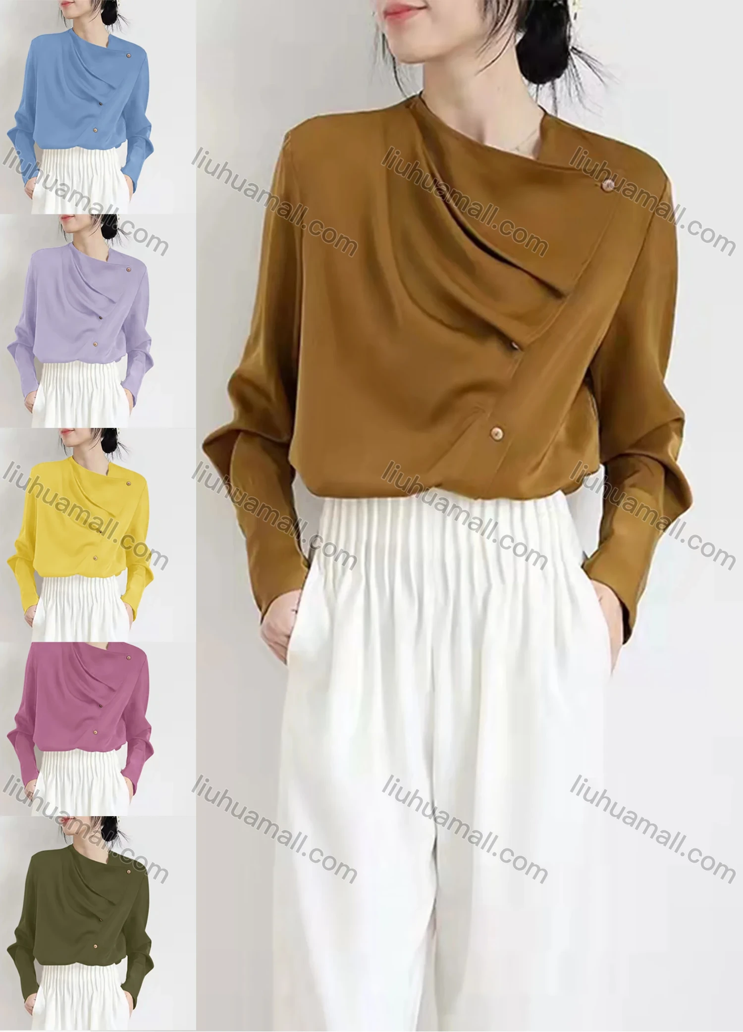 Wholesale Women's Casual Asymmetrical Neck Long Sleeve Button Down Plain Blouse - Liuhuamall