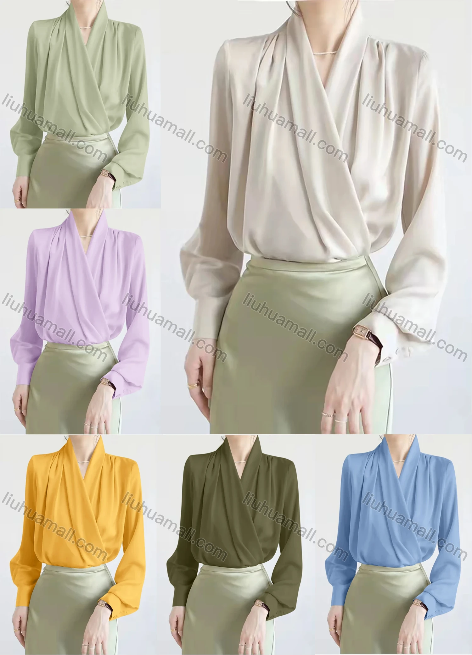 Wholesale Women's Casual Long Sleeve Wrap V Neck Ruched Plain Blouse - Liuhuamall
