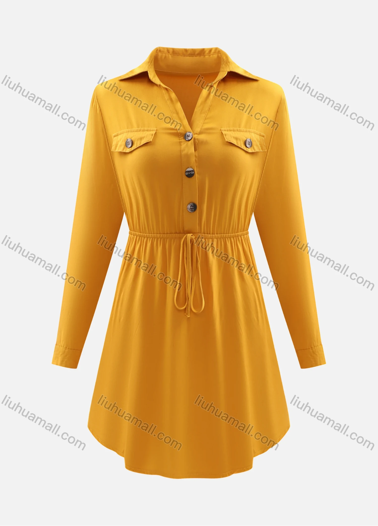 Wholesale Women's Lapel V Neck Long Sleeve Fake Pocket Button Drawstring Plain Short Shirt Dress - Liuhuamall