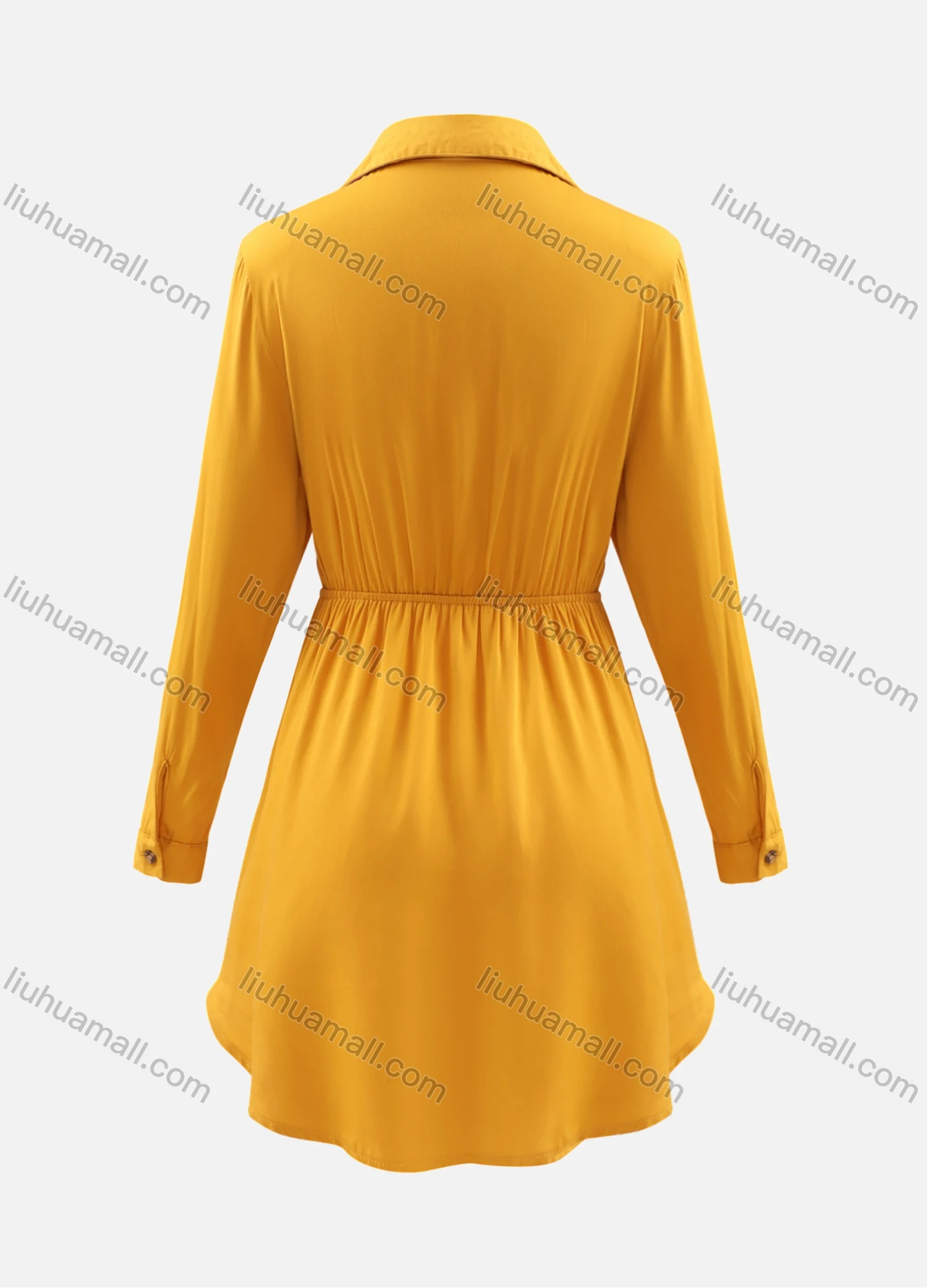 Wholesale Women's Lapel V Neck Long Sleeve Fake Pocket Button Drawstring Plain Short Shirt Dress - Liuhuamall