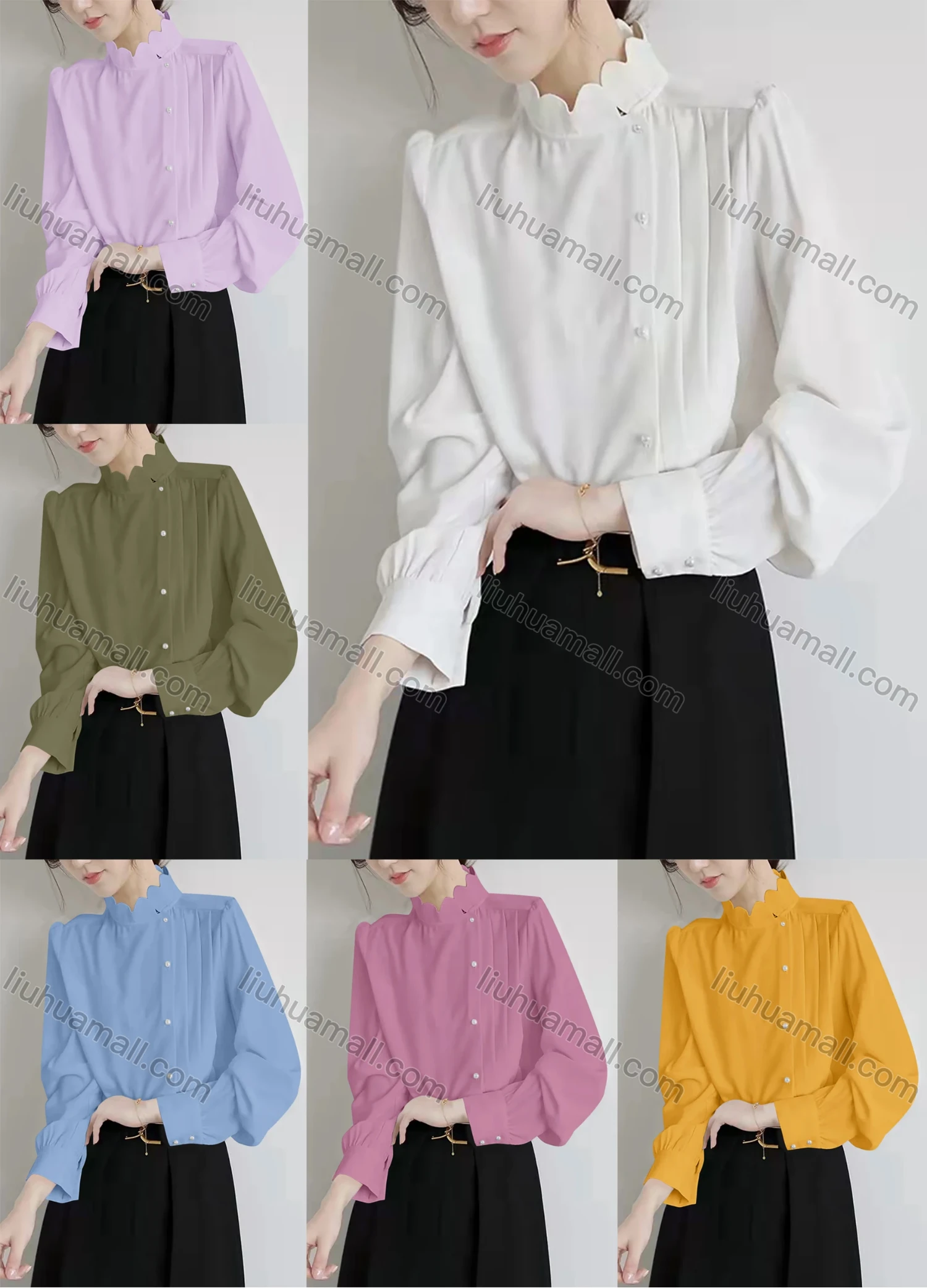 Wholesale Women's Elegant Scallop Edge Mock Neck Long Sleeve Pearl Button Ruched Pleated Plain Blouse - Liuhuamall