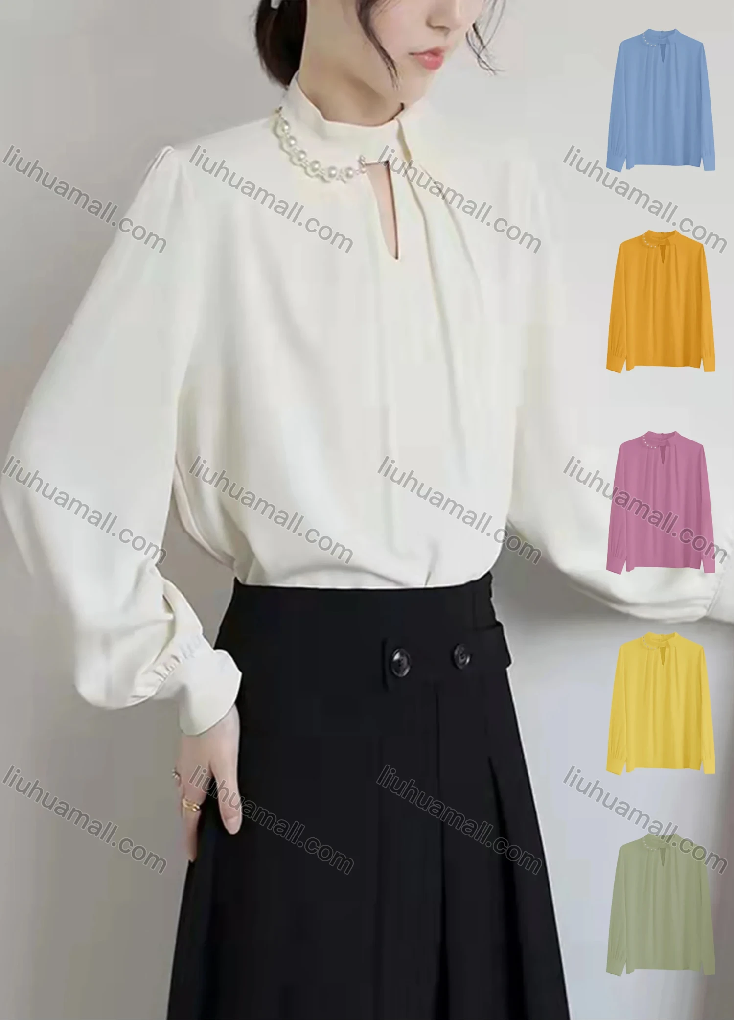 Wholesale Women's Elegant Keyhole Neck Bishop Sleeve Pearl Decor Ruched Plain Blouse 982674# - Liuhuamall