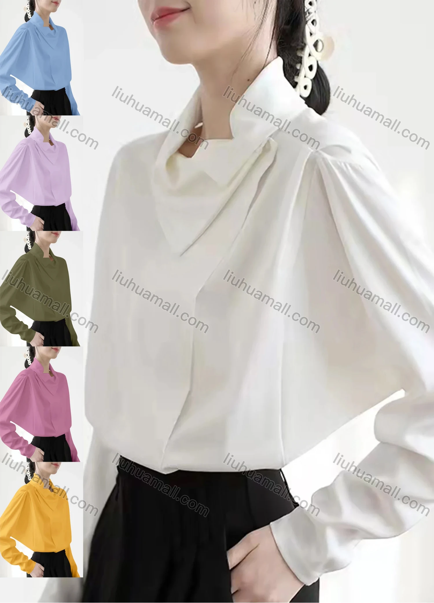 Wholesale Women's Casual Batwing Sleeve Asymmetrical Neck Ruched Side Flap Button Down Plain Blouse - Liuhuamall