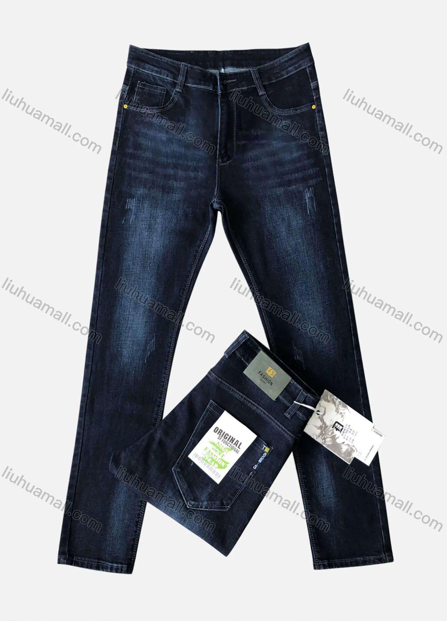 Wholesale Men's Distressed Zipper Button Pockets Embroidered Plain Thick High Stretch Jean - Liuhuamall