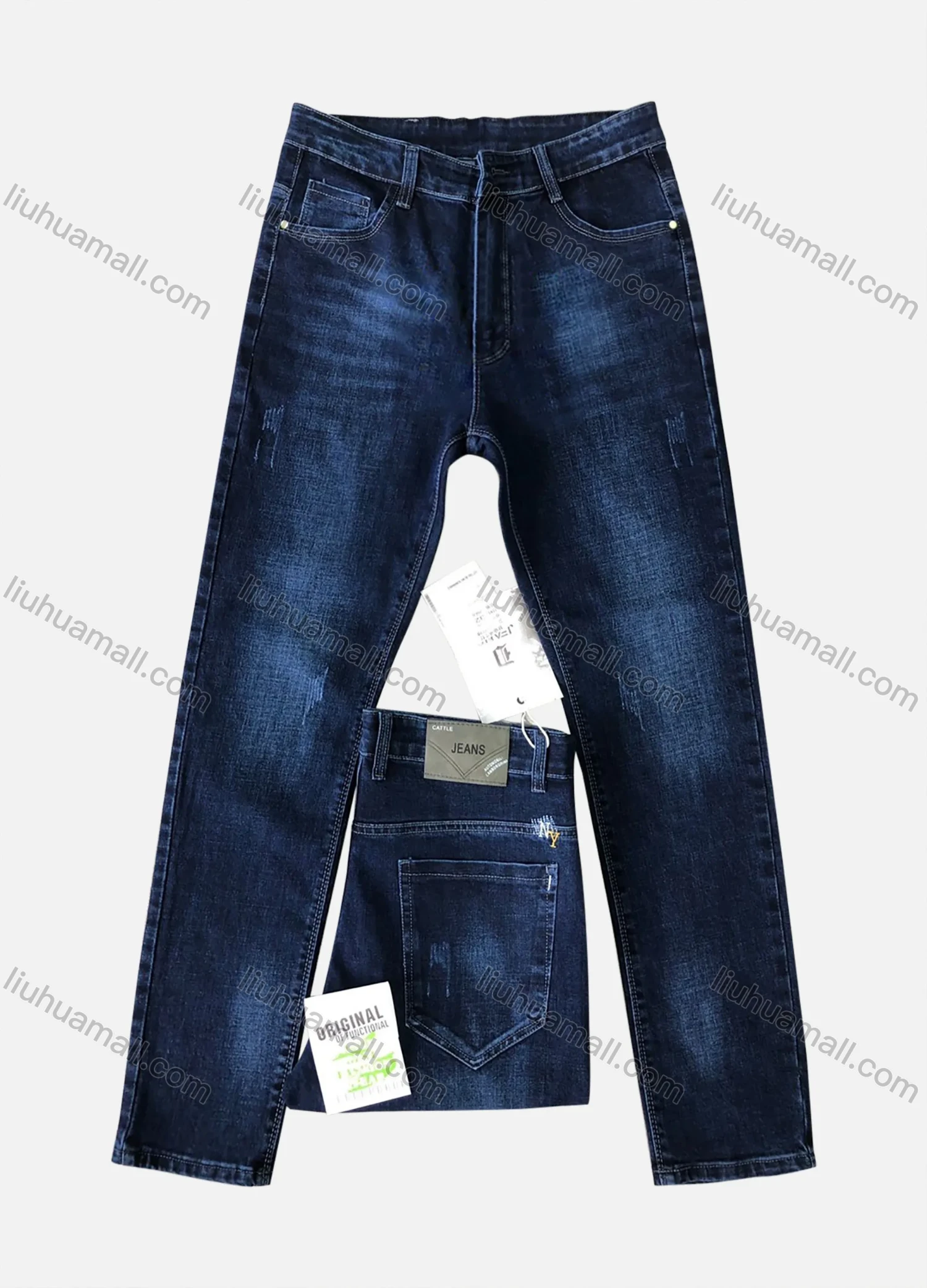 Wholesale Men's Casual Zipper Button Pockets Embroidered Letter Plain Thick High Stretch Jean 96002# - Liuhuamall