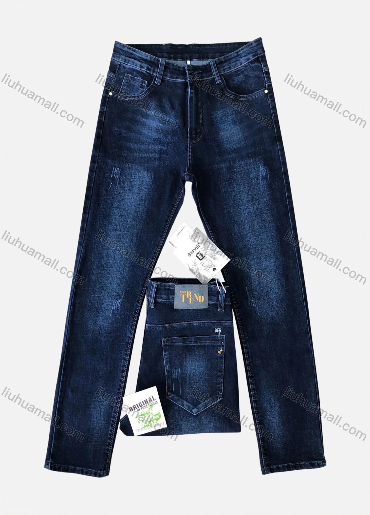 Wholesale Men's Casual Button Zipper Pockets Embroidered Letter Plain Thick High Stretch Jean 96002# - Liuhuamall