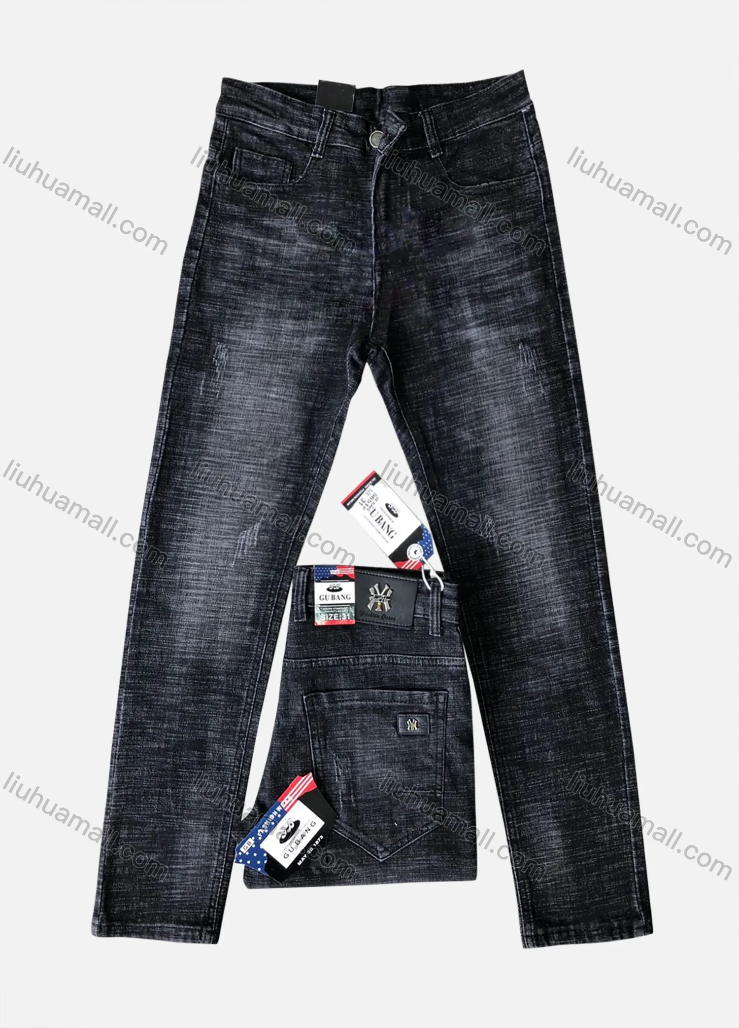Wholesale Men's Casual Button Zipper Pockets Labelled Plain High Stretch Jean 5651# - Liuhuamall