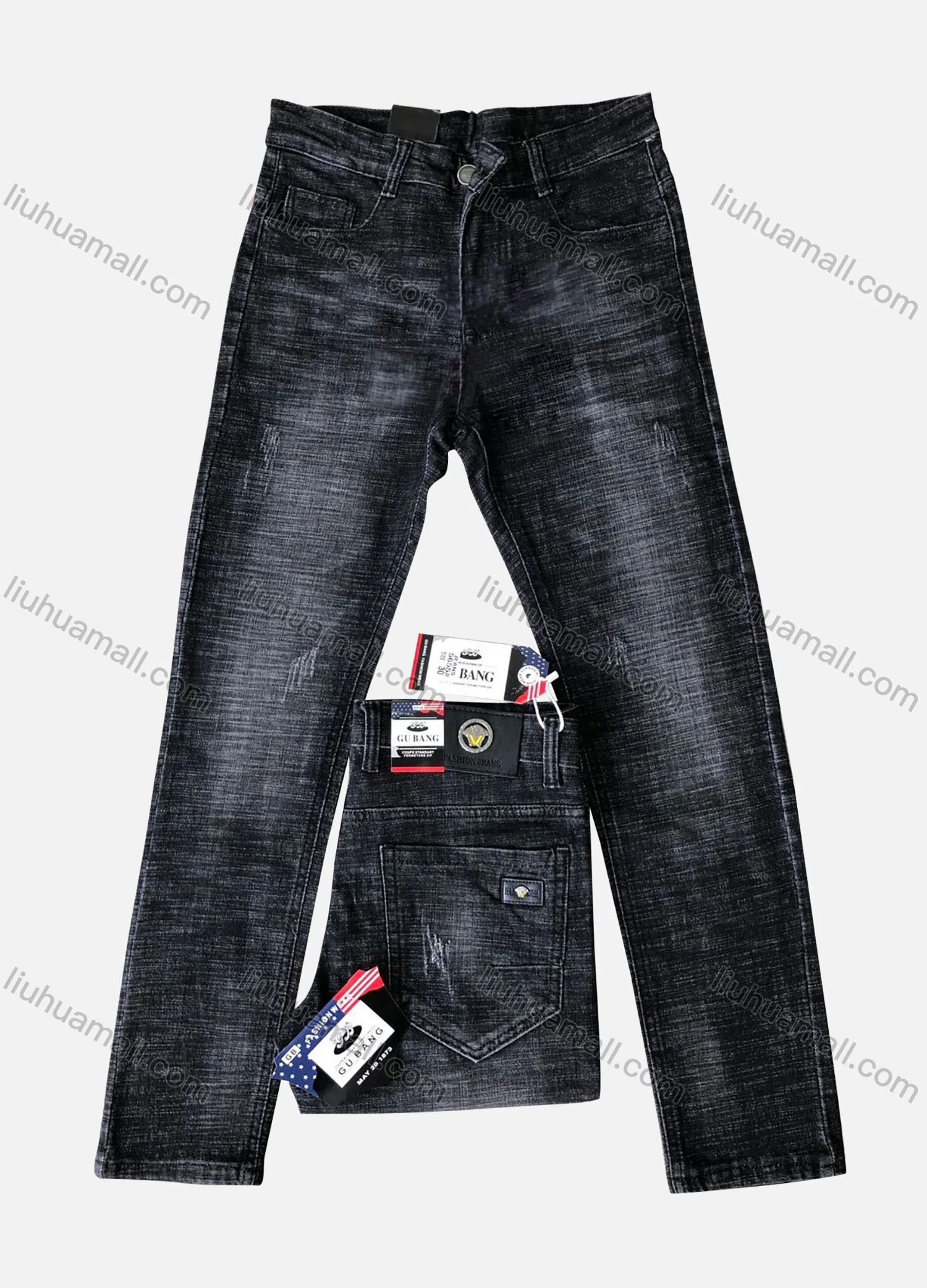Wholesale Men's Casual Button Zipper Pockets Labelled Plain High Stretch Jean 5655# - Liuhuamall