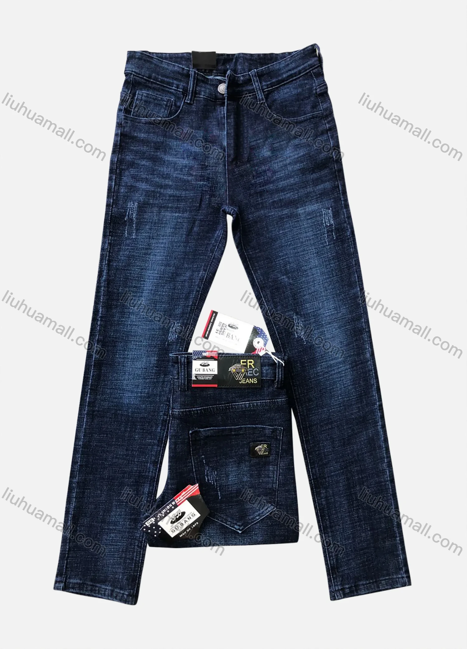 Wholesale Men's Button Zipper Pockets Labelled Plain Comfort High Stretch Jean 6689# - Liuhuamall