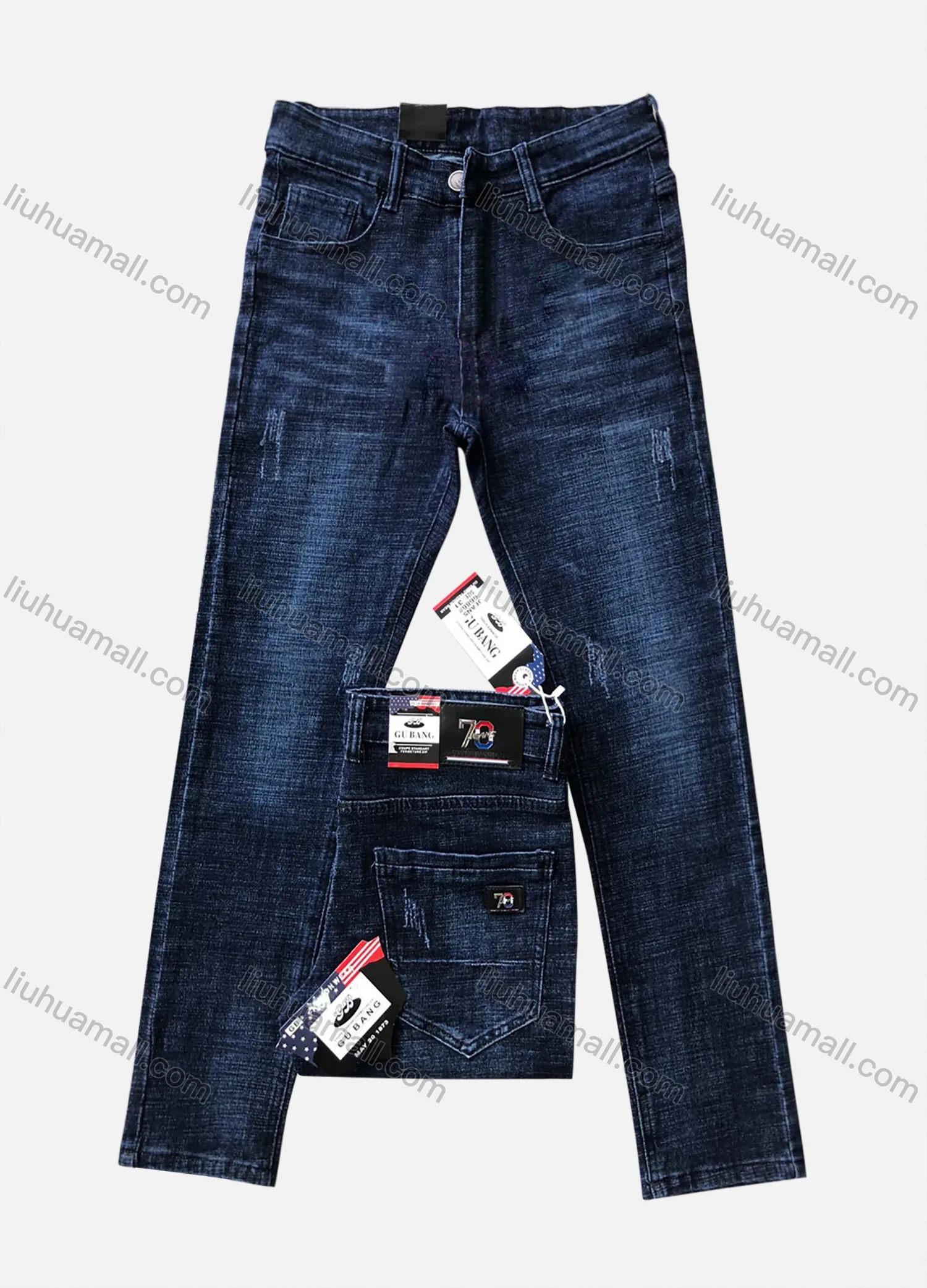 Wholesale Men's Casual Button Zipper Pockets Number Labelled Plain High Stretch Jean 6686# - Liuhuamall