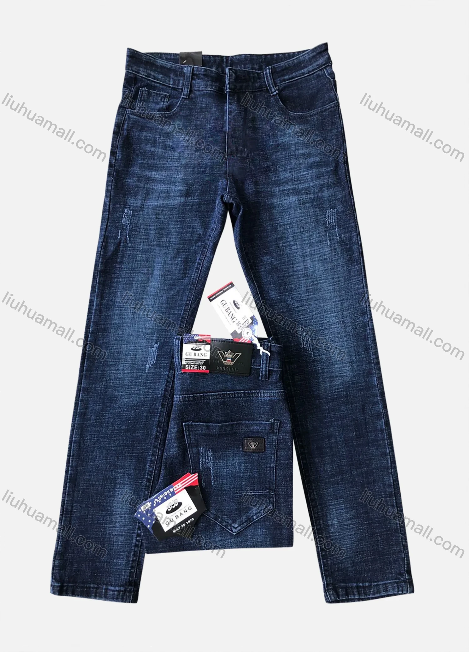 Wholesale Men's Casual Button Zipper Pockets Labelled Plain High Stretch Jean 6683# - Liuhuamall