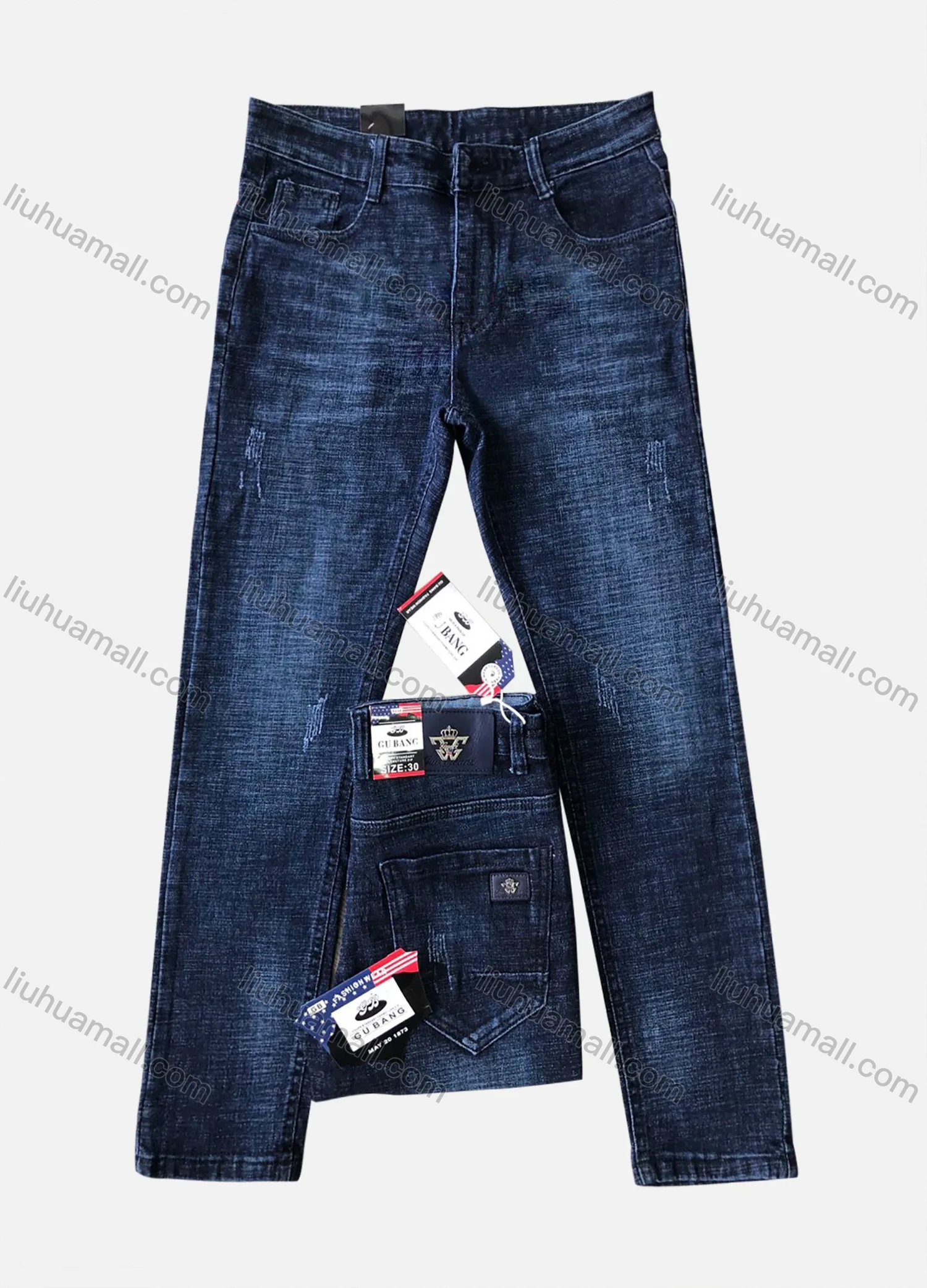 Wholesale Men's Casual Button Zipper Pockets Labelled Plain High Stretch Jean 6681# - Liuhuamall