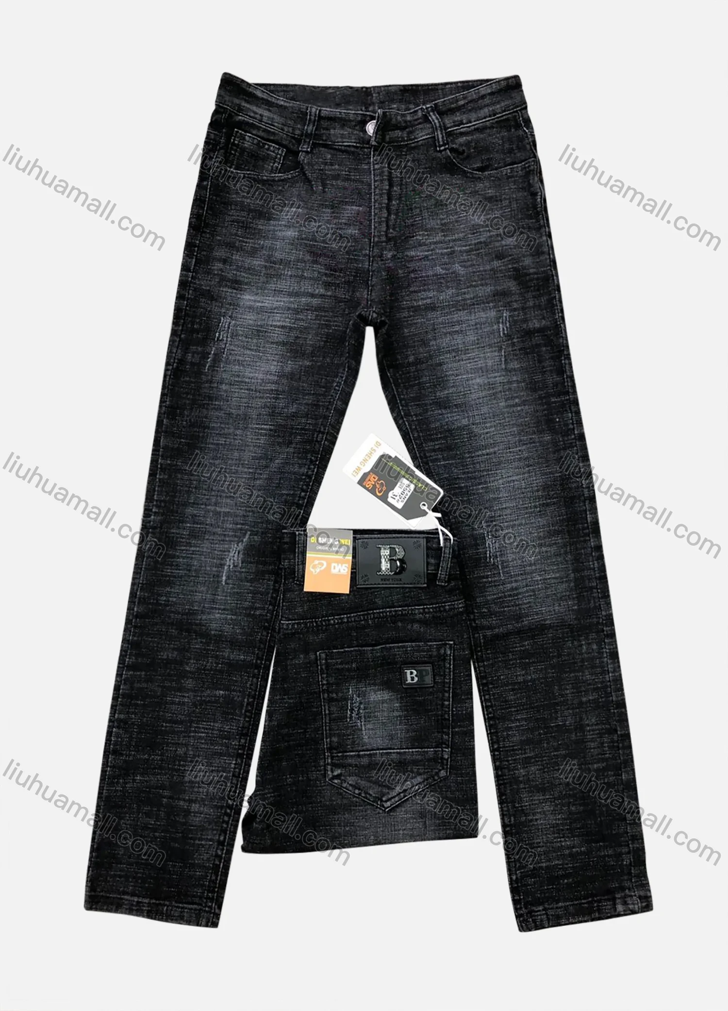 Wholesale Men's Casual Button Zipper Pockets Letter Labelled Plain High Stretch Jean 5502# - Liuhuamall