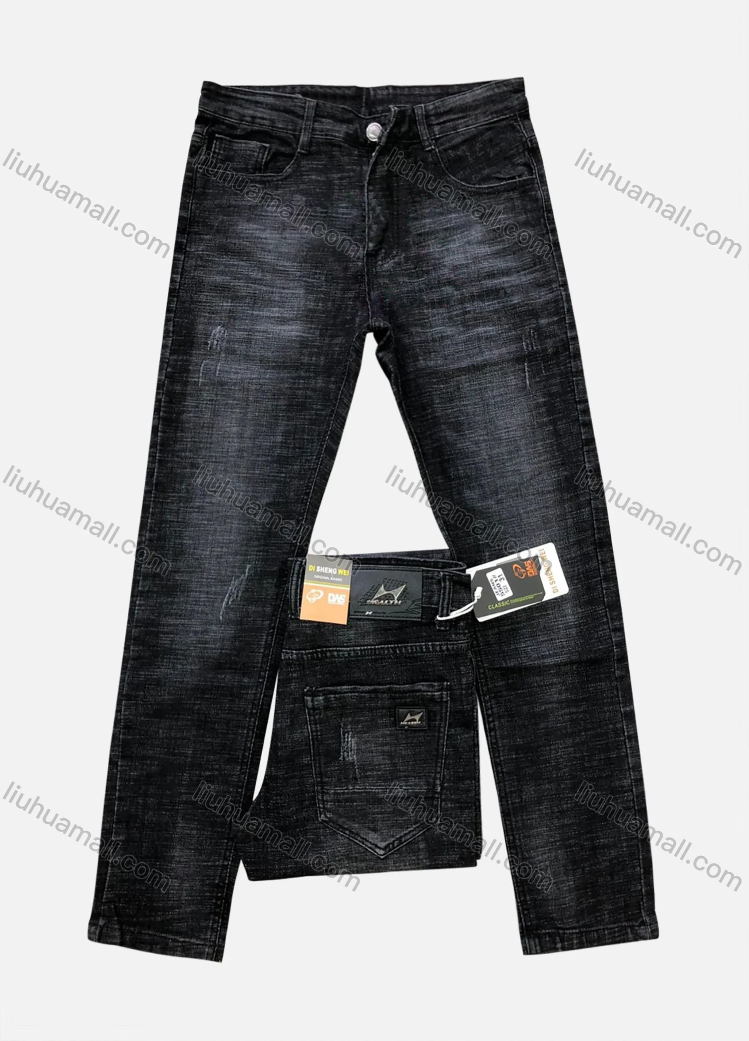 Wholesale Men's Casual Button Zipper Pockets Labelled Plain High Stretch Jean 5501# - Liuhuamall