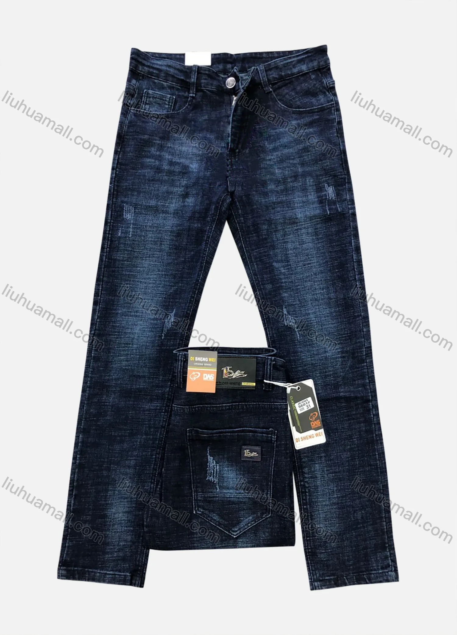 Wholesale Men's Button Zipper Pockets Labelled Plain High Stretch Jean 6601# - Liuhuamall