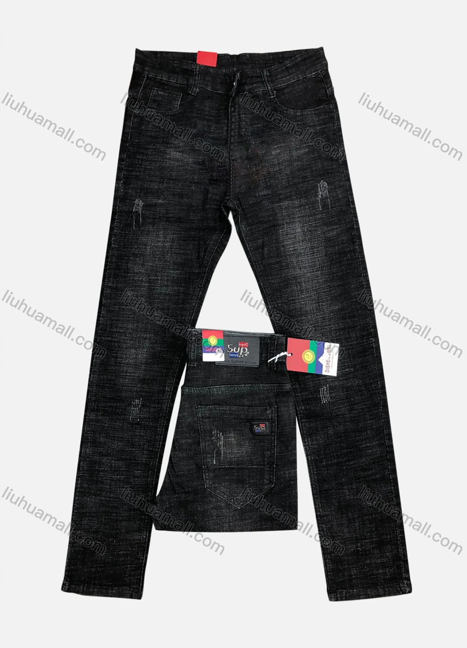 Wholesale Men's Casual Button Zipper Pockets Frayed Labelled Plain Jean 8605# - Liuhuamall