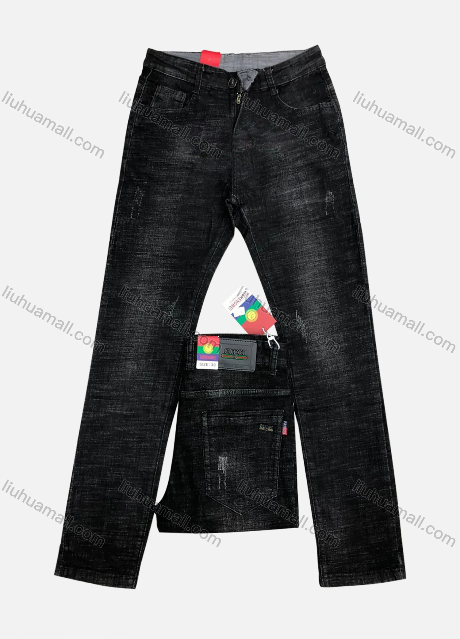 Wholesale Men's Casual Button Closure Back Label Fray Distressed Jean - Liuhuamall