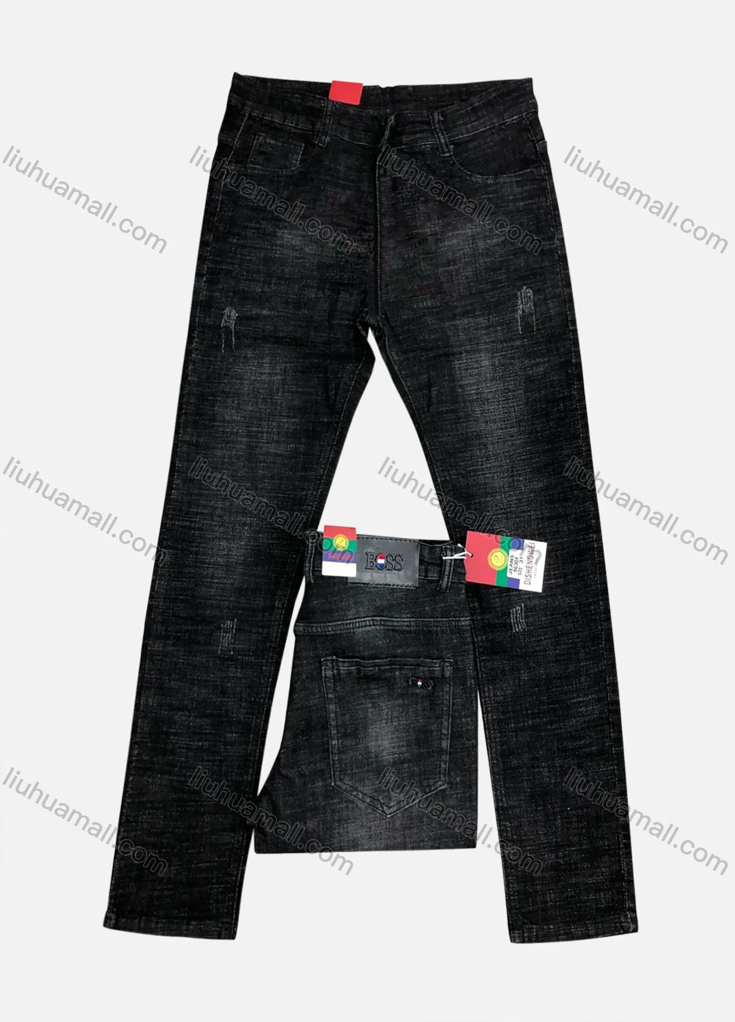 Wholesale Men's Button Zipper Pockets Frayed Labelled Plain Casual Jean 8630# - Liuhuamall