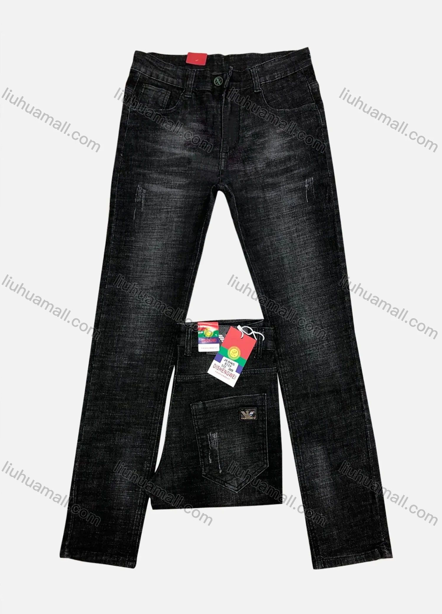 Wholesale Men's Button Zipper Pockets Frayed Labelled Plain Jean 872# - Liuhuamall